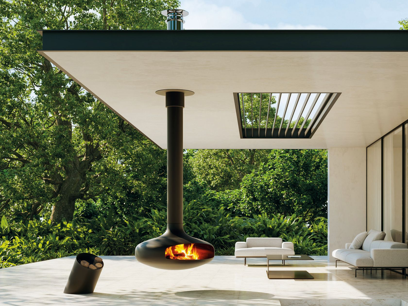 Függesztett kandalló egy modern, fedett teraszon