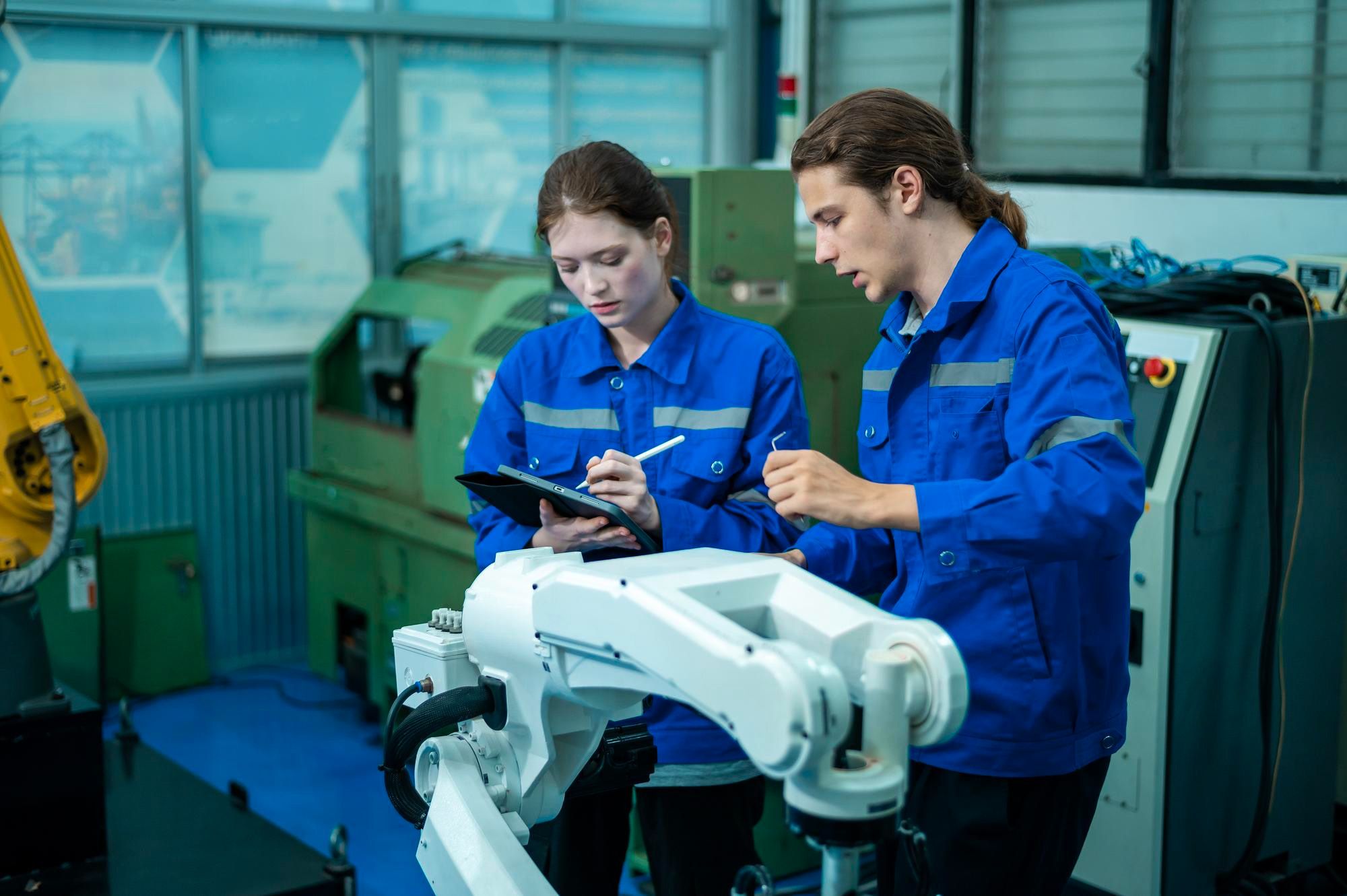 Two engineers in workwear reviewing a robotic arm on a tablet in a technical facility.