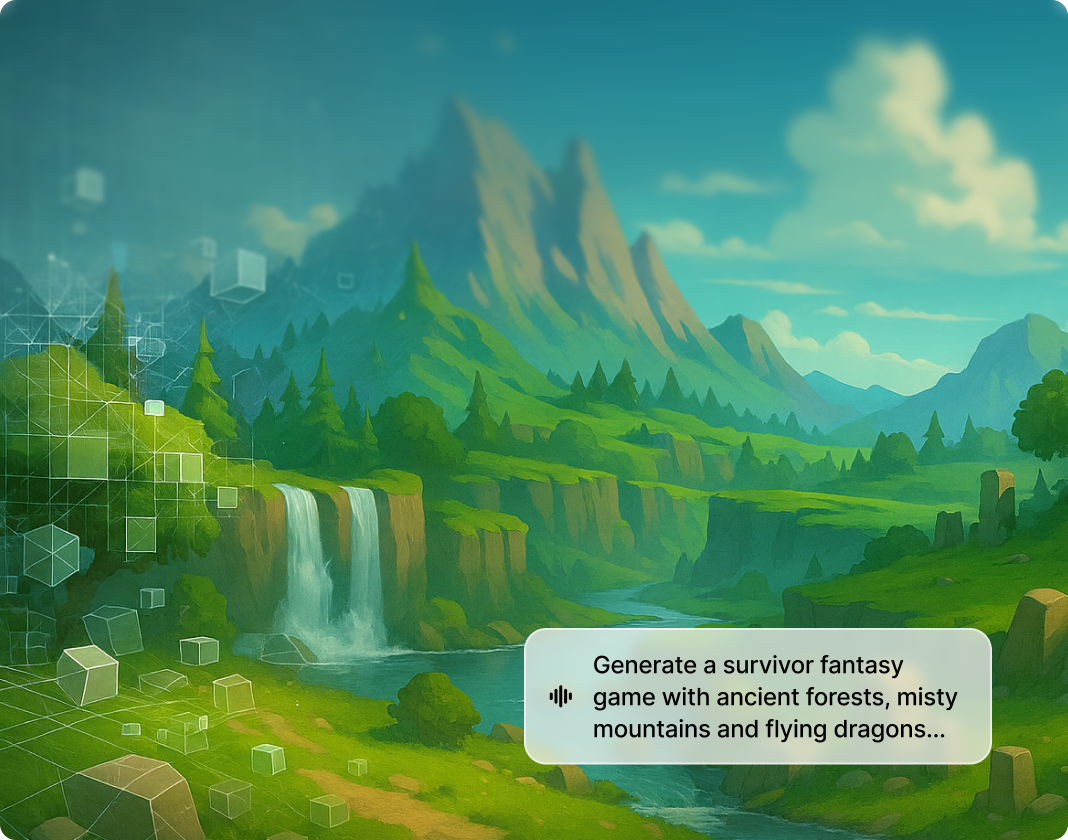 A fantasy landscape illustration featuring lush green mountains, a waterfall, and flying dragons in the distance, overlaid with a user prompt: 'Generate a survivor fantasy game with ancient forests, misty mountains and flying dragons...' This visual suggests AI-powered world generation.
