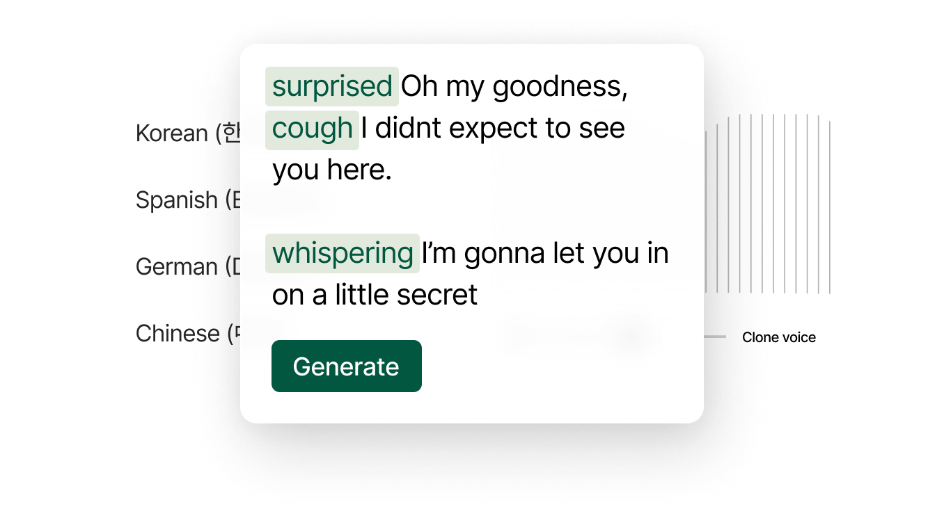 An expressive AI text-to-speech (TTS) platform that uses tags to control vocal cues like emotions and sounds, with multilingual and voice cloning features.