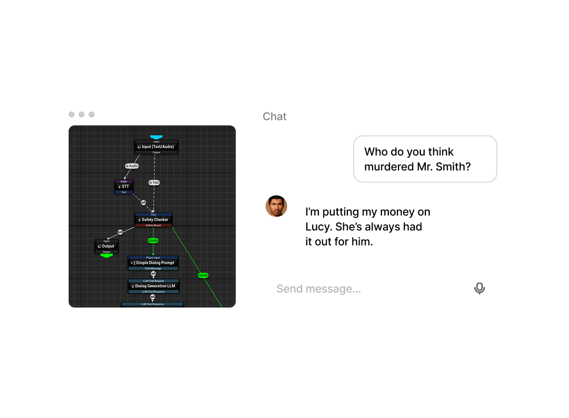 Integration example of a visual scripting engine with a front-end chat interface, showing how input validation via a 'Safety Checker' node routes the conversation flow.