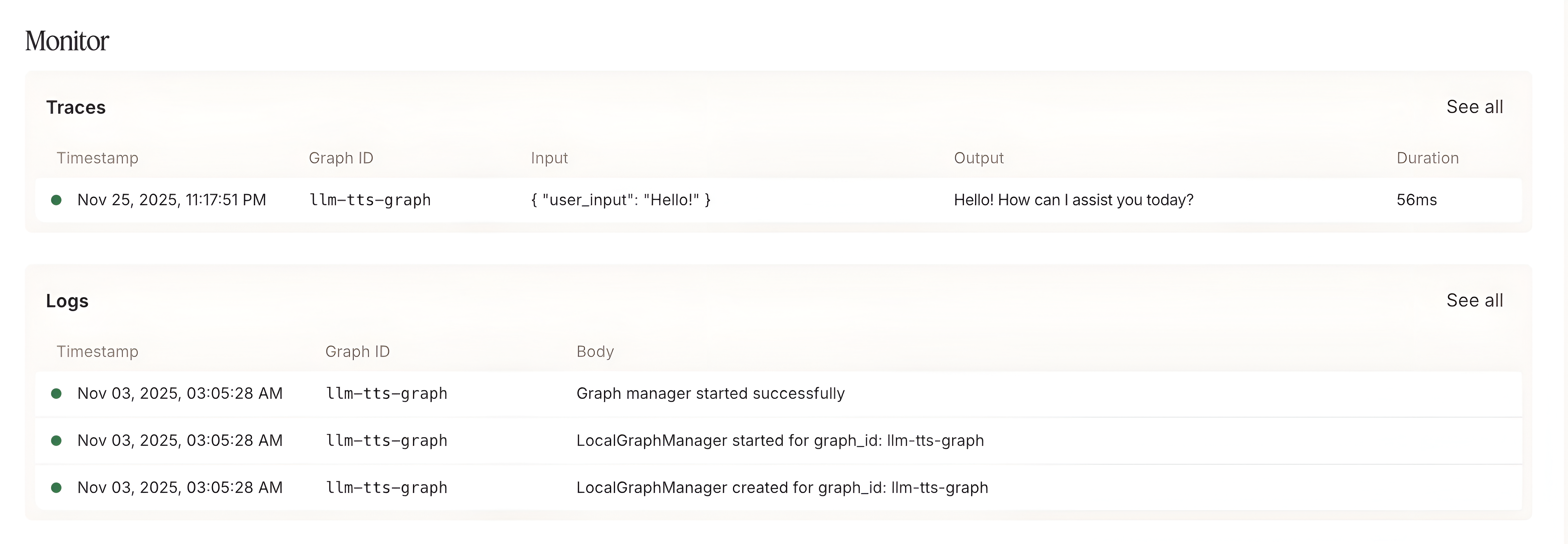 Dashboard screen with sections for Traces, Logs, and Experiments, showing successful initialization events and trace details for an 'llm-tts-graph'.