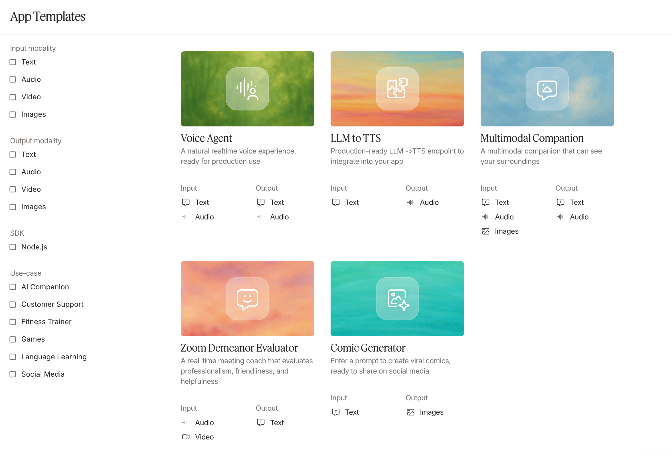 A product showcase illustrating the versatility of the platform through various application templates, ranging from voice agents and comic generation to multimodal companions and real-time demeanor evaluation.