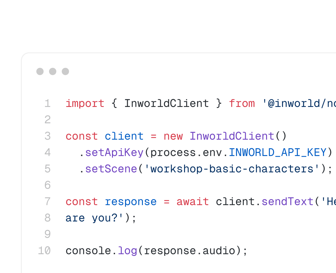 Code example for the Inworld Node.js SDK, demonstrating basic client setup and sending text to generate an audio stream.
