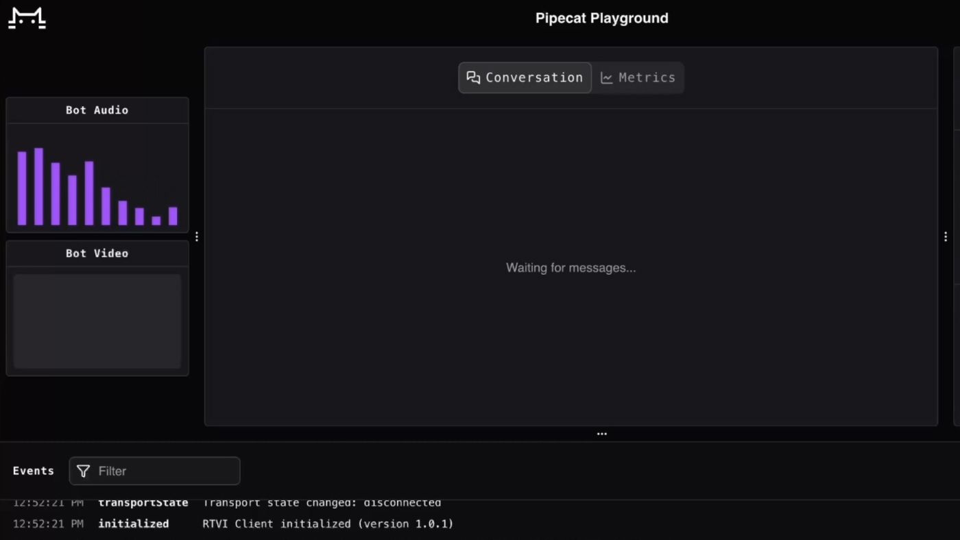 A software testing dashboard with tabs for Conversation and Metrics, displaying an audio level meter and a status log.