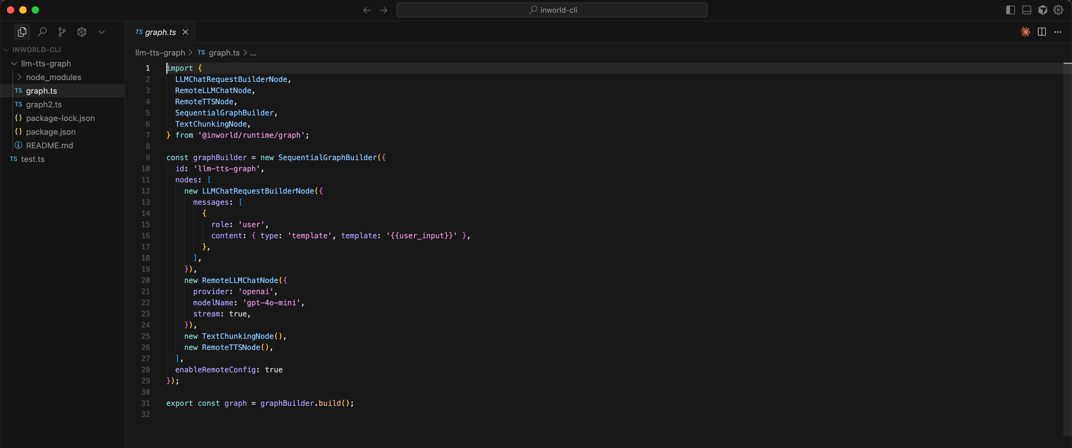Code example showing initialization of a SequentialGraphBuilder from the Inworld custom graph library, configuring an LLM Chat Request Node and a Remote TTS Node.
