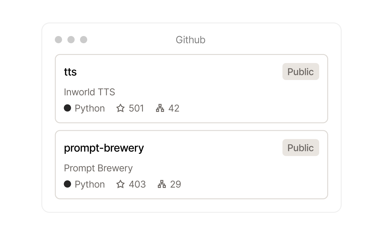 A list of two Github repositories, 'tts' and 'prompt-brewery', with their respective star and fork counts.