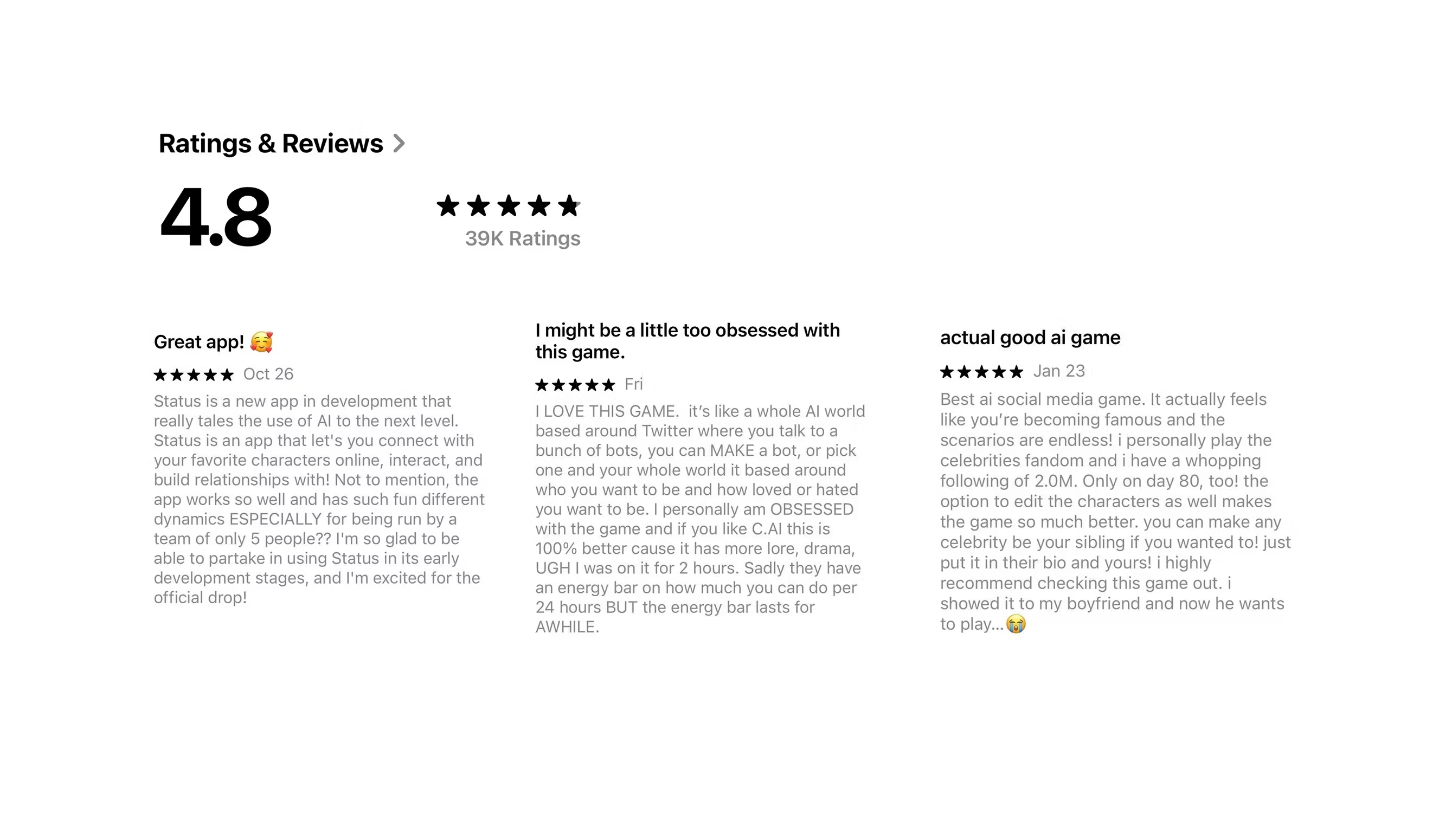 Screen capture of high customer reviews for an app, showing a 4.8 rating from thousands of users.