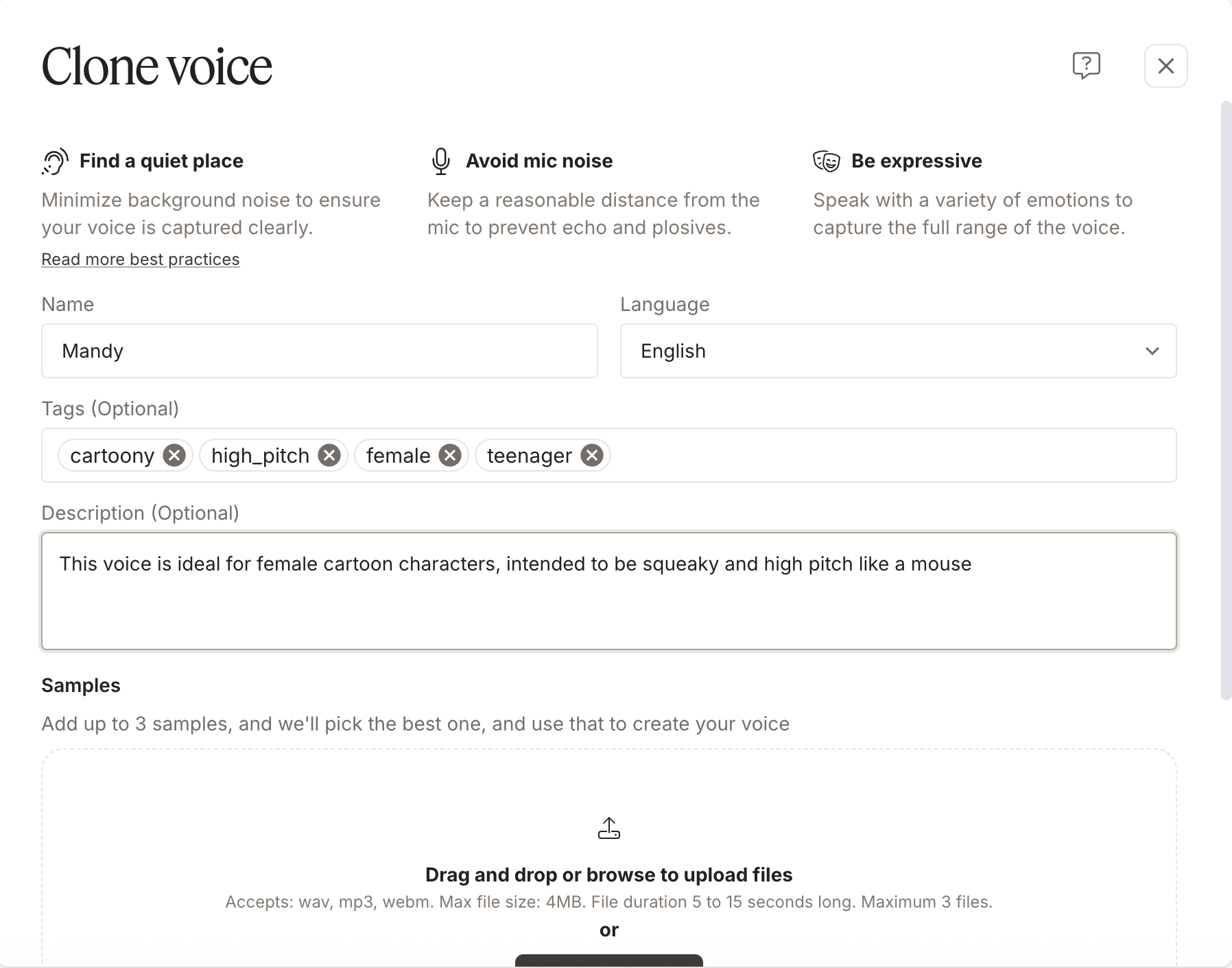 User guide interface for creating a custom AI voice clone. Instructions cover minimizing noise and maximizing emotional expression, followed by the input fields for voice metadata and the file upload area for training samples.