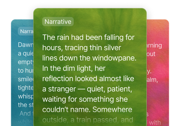 User interface design showcasing different colored cards displaying generated story content, suggesting a modular or iterative creative writing tool.
