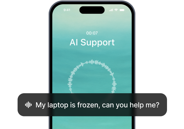 A user asking for help with a frozen laptop via a voice-based AI support app on their phone.