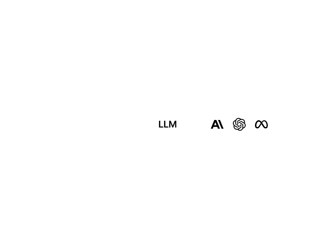 A simplified architecture diagram showing a central component (logo shown) branching out to support three key AI services: STT (Speech-to-Text), LLM (Large Language Model) using models from Anthropic, OpenAI, and an unknown provider, and TTS (Text-to-Speech).