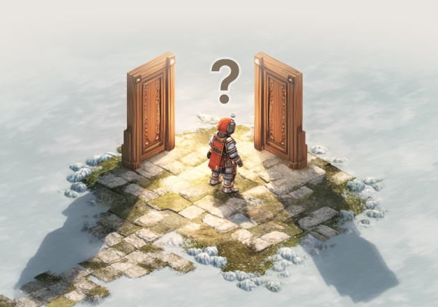 Isometric pixel art scene depicting a lone adventurer standing on a stone platform in a snowy landscape, facing two open, glowing wooden archways, symbolizing a choice between two paths.