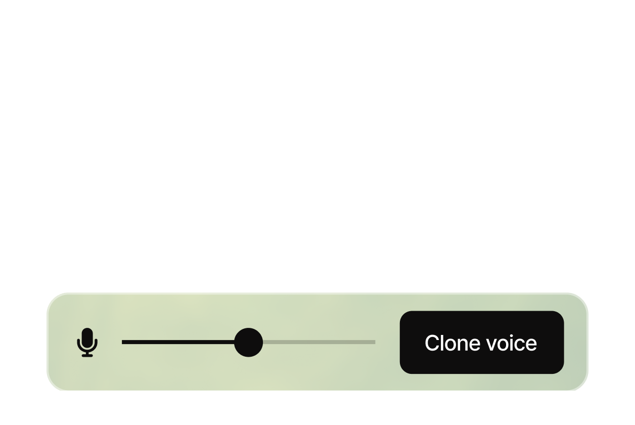 Voice cloning interface with vertical waveform bars, a microphone input slider, and a ‘Clone voice’ button.