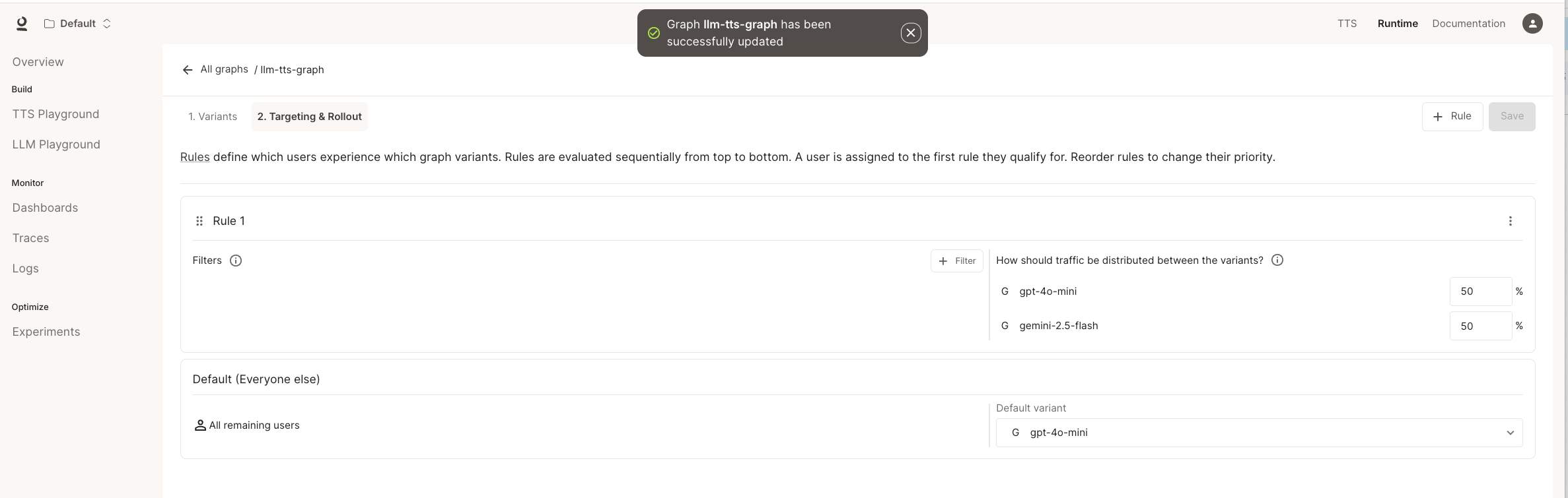 UI for defining experiment rules, showing traffic allocation percentages (80% and 50%) for two different model variants.