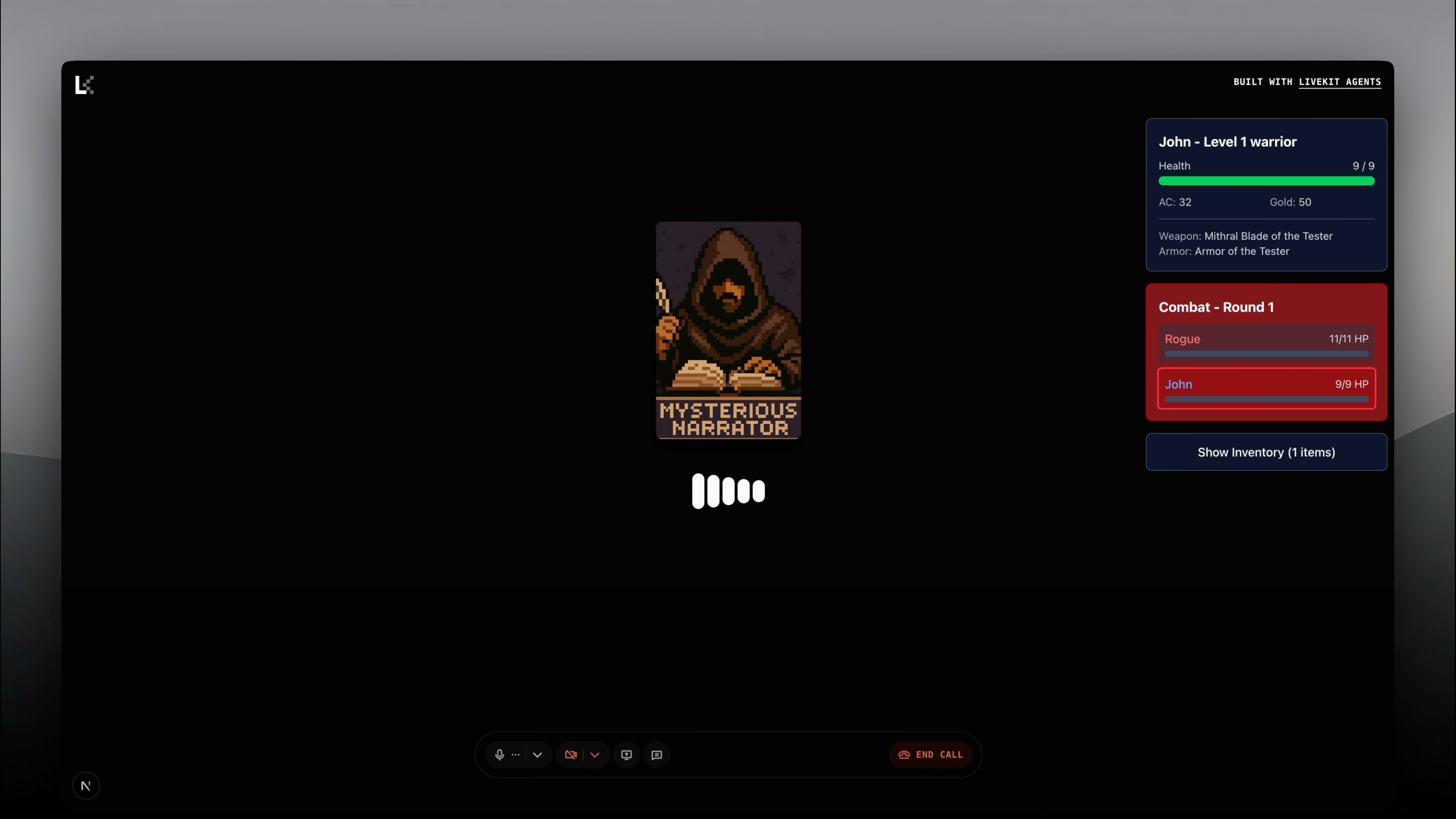 RPG game screen showing character stats and combat status during Round 1, featuring a pixel art avatar of a hooded Mysterious Narrator.