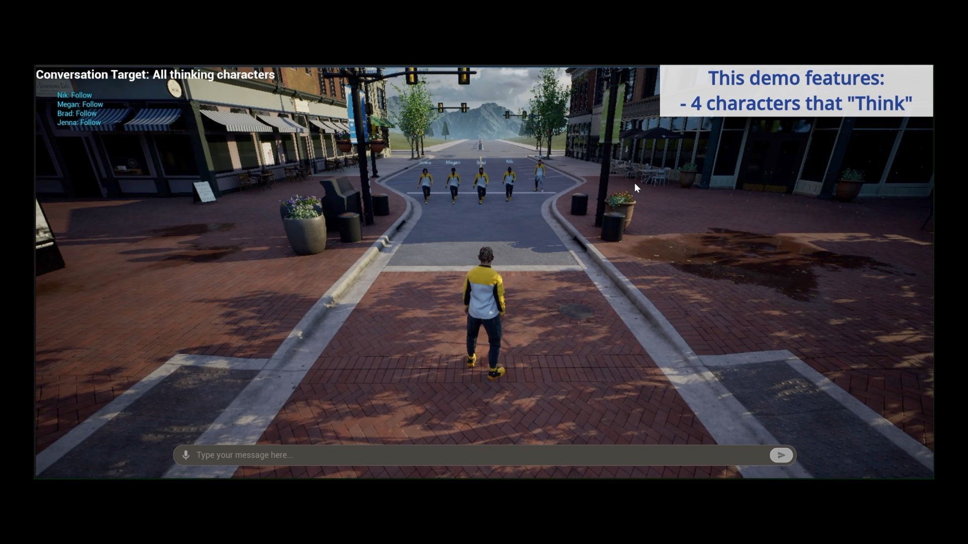 Demonstration of advanced AI NPCs in a game engine, where the player can target conversations with multiple characters who possess independent 'thinking' capabilities.