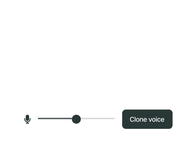 User interface for an AI voice cloning feature, showing an audio waveform visualization, a recording volume slider, and a button labeled 'Clone voice'.