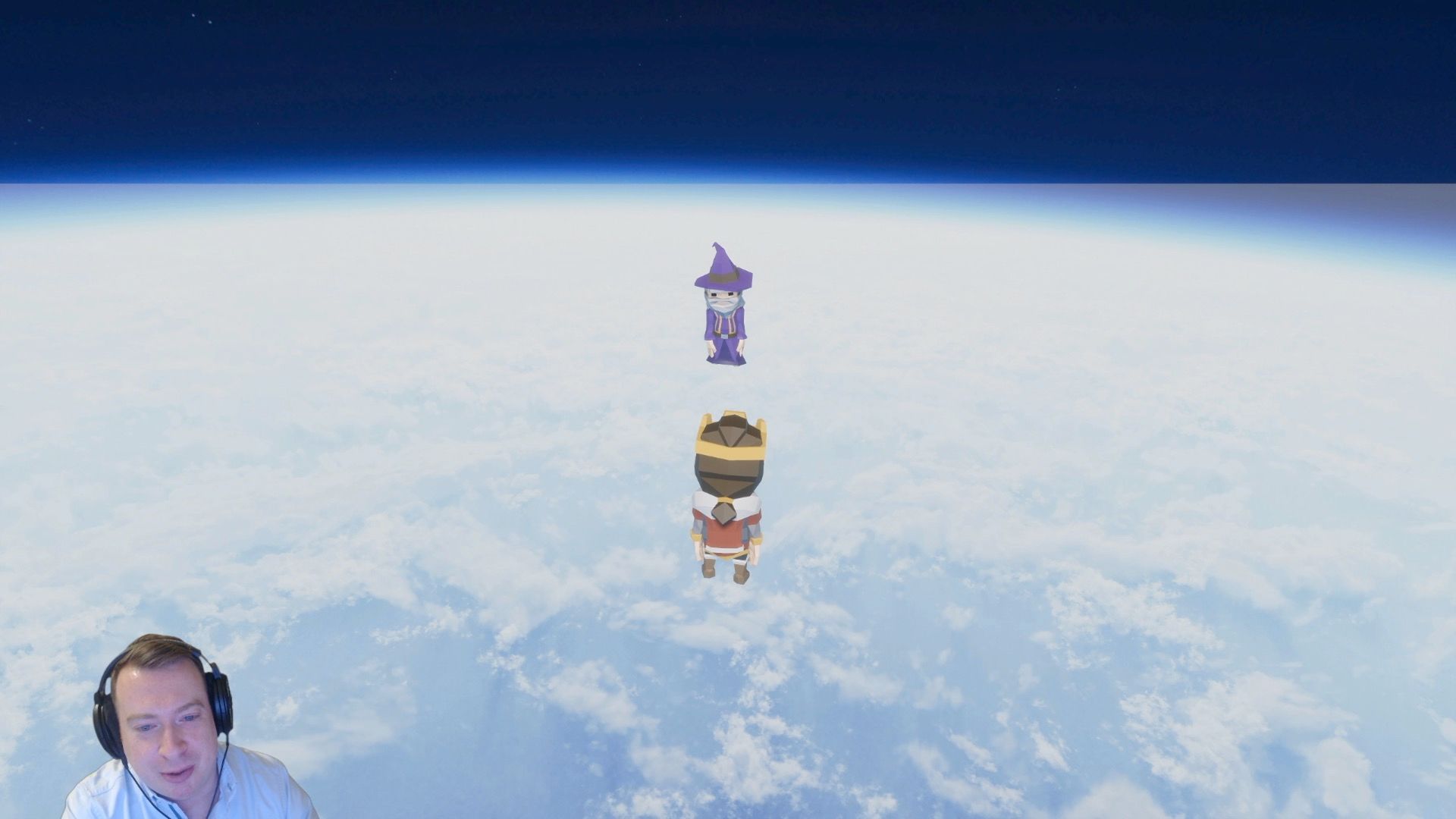 Image showing a surreal interaction between two stylized video game characters floating in the upper atmosphere, likely testing conversational AI integration in a virtual world.