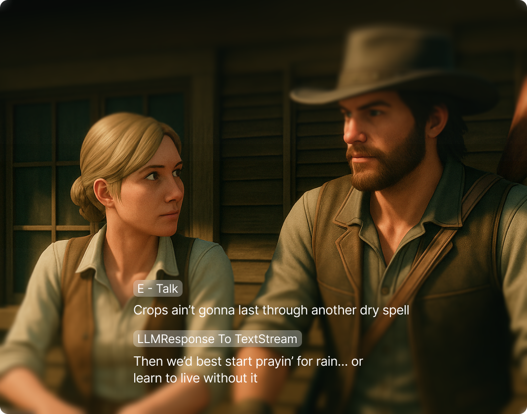 A scene from a realistic 3D video game set in a rustic environment, featuring a blonde woman looking towards a bearded cowboy character. Dialogue boxes show AI-generated responses about crop failure: 'Crops ain't gonna last through another dry spell' followed by a counterpoint response.