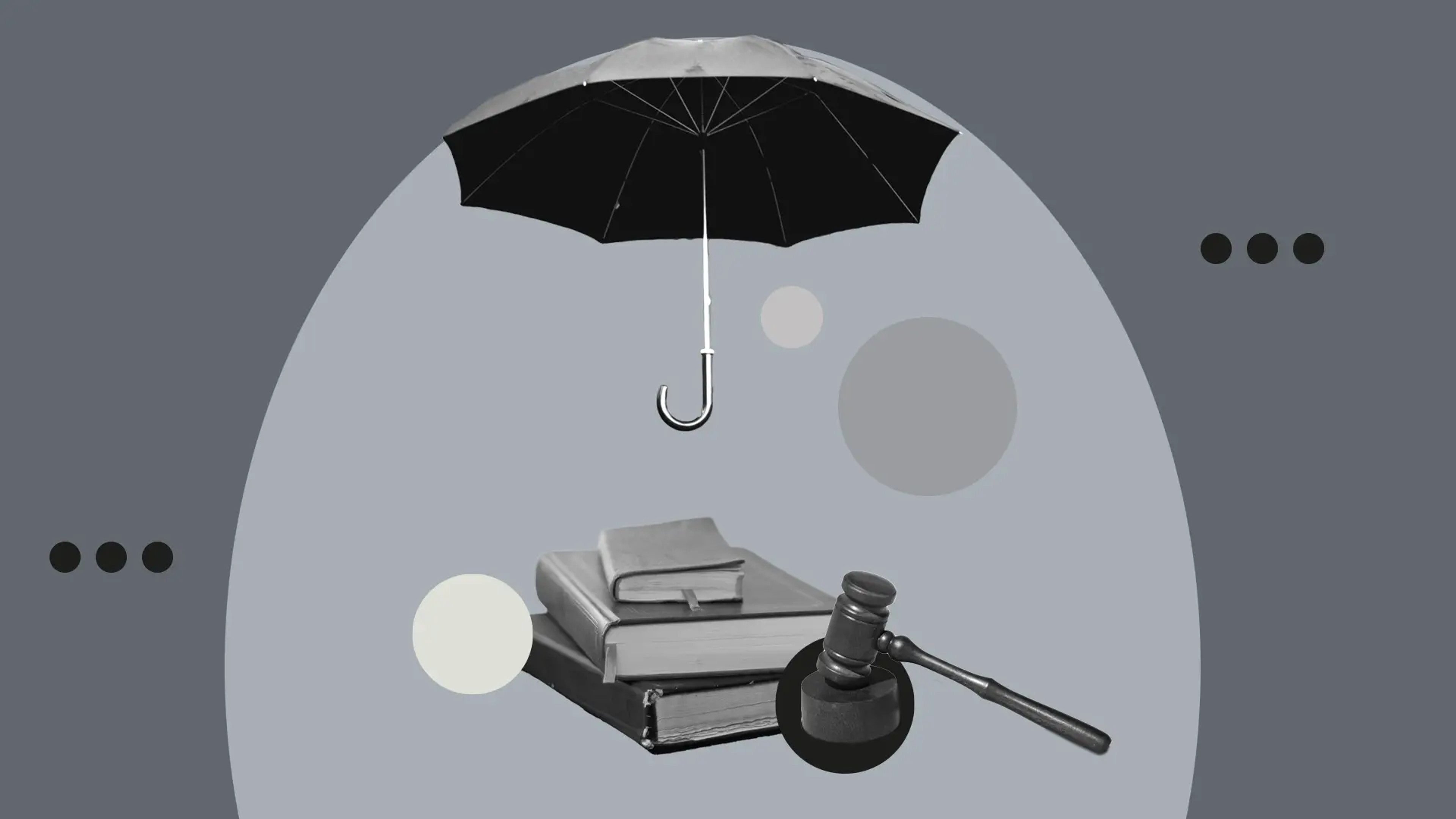 Black and white graphic with umbrella over a stack of books