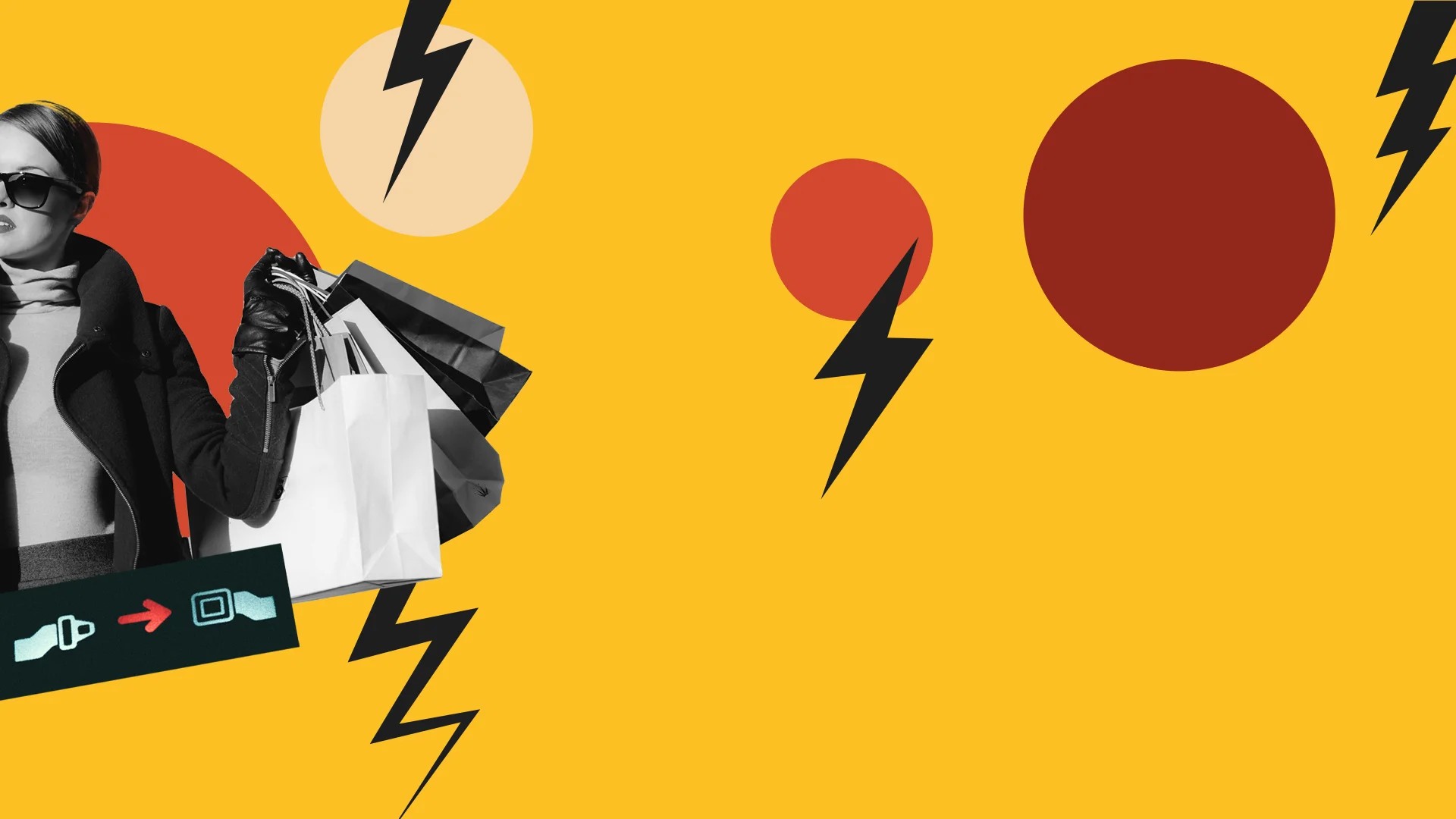 Yellow graphic, woman with shopping bags in her hand.