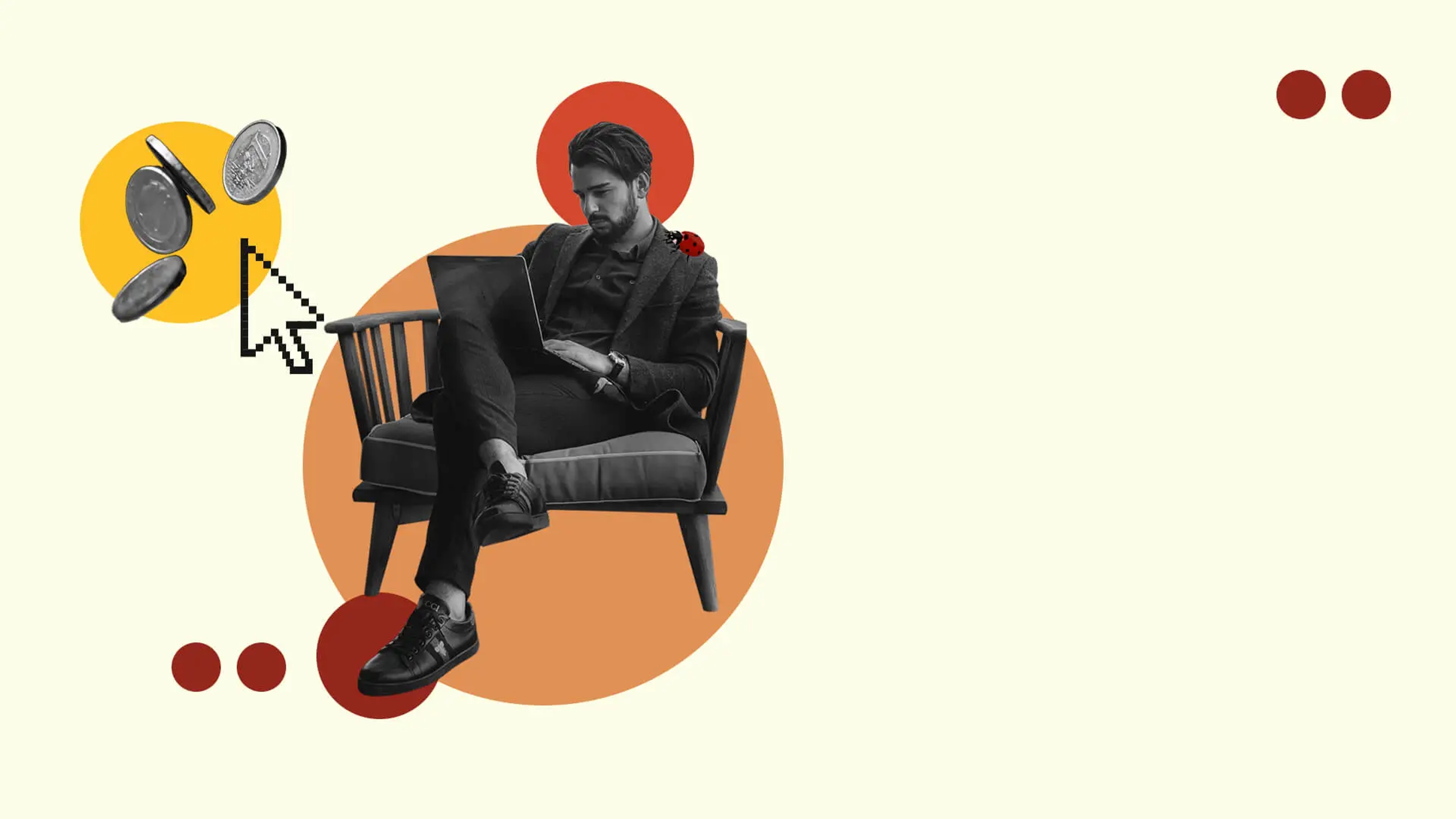 Man sitting on chair with laptop on his crossed legs. With graphics of coins surrounding him. 