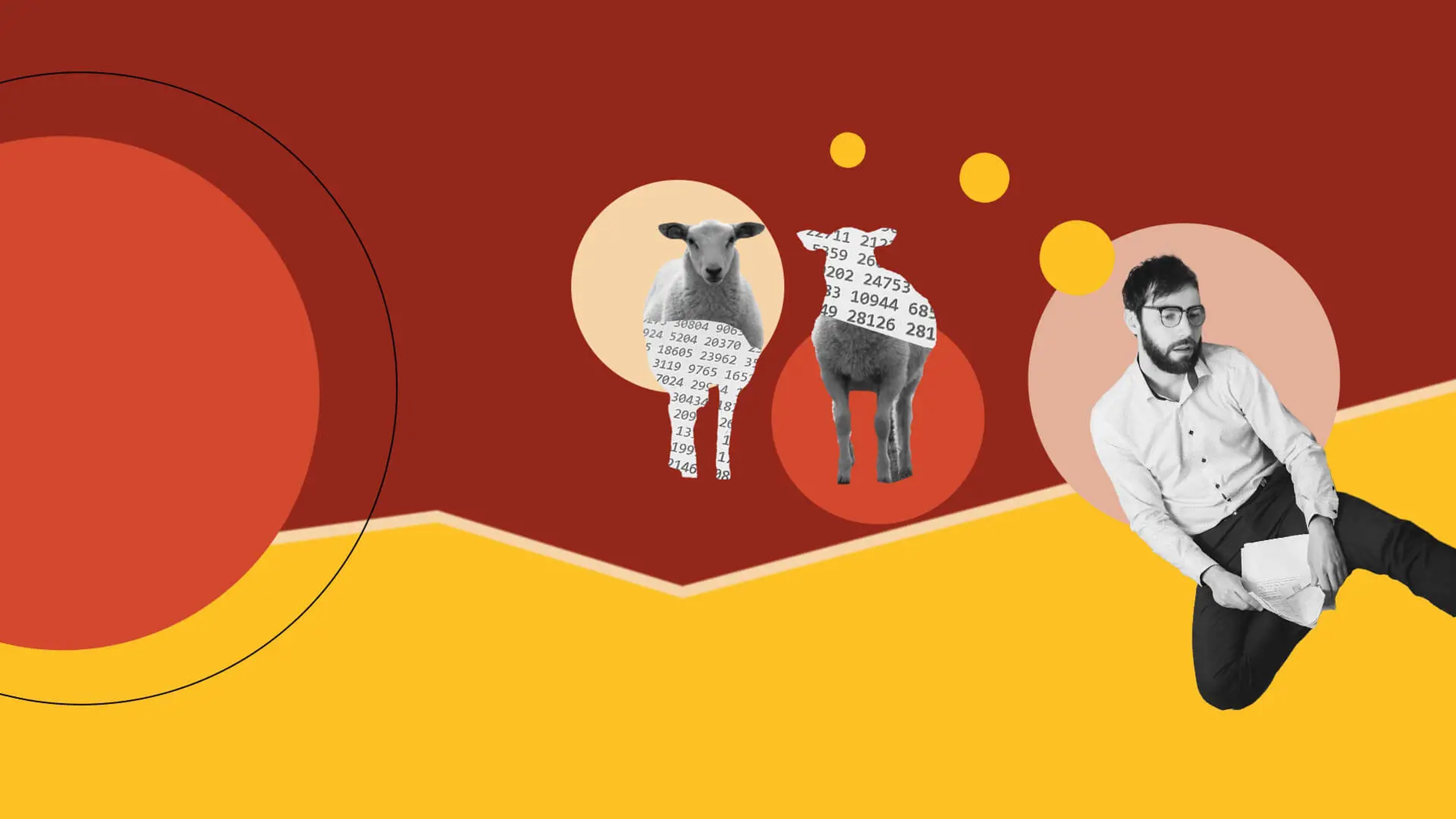 Two sheep with numbers instead of half their body. Man sitting to their right, thinking. He could be counting sheep...