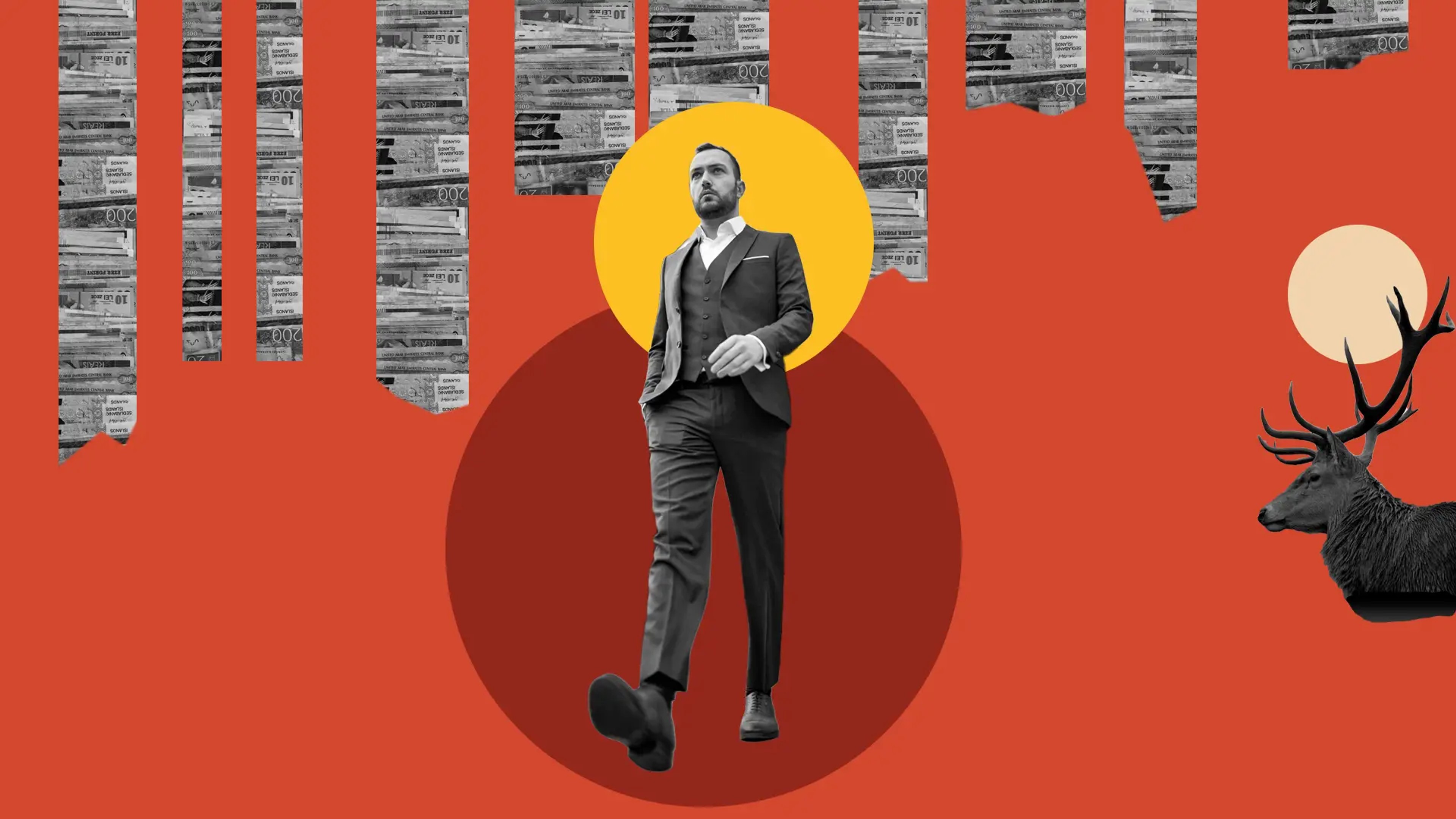 Image of a man in a suit walking on a red background. Strips of money notes at the top of the image. 