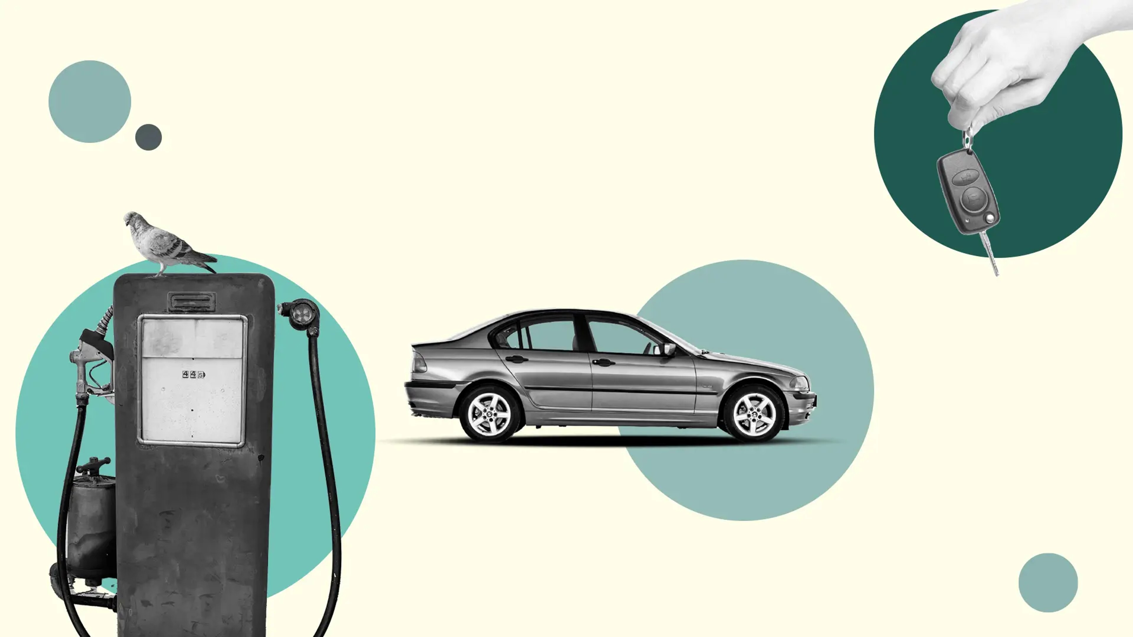 Mixed graphics with an old school petrol pump on left, car in the centre and hand holding car keys on the top right. 