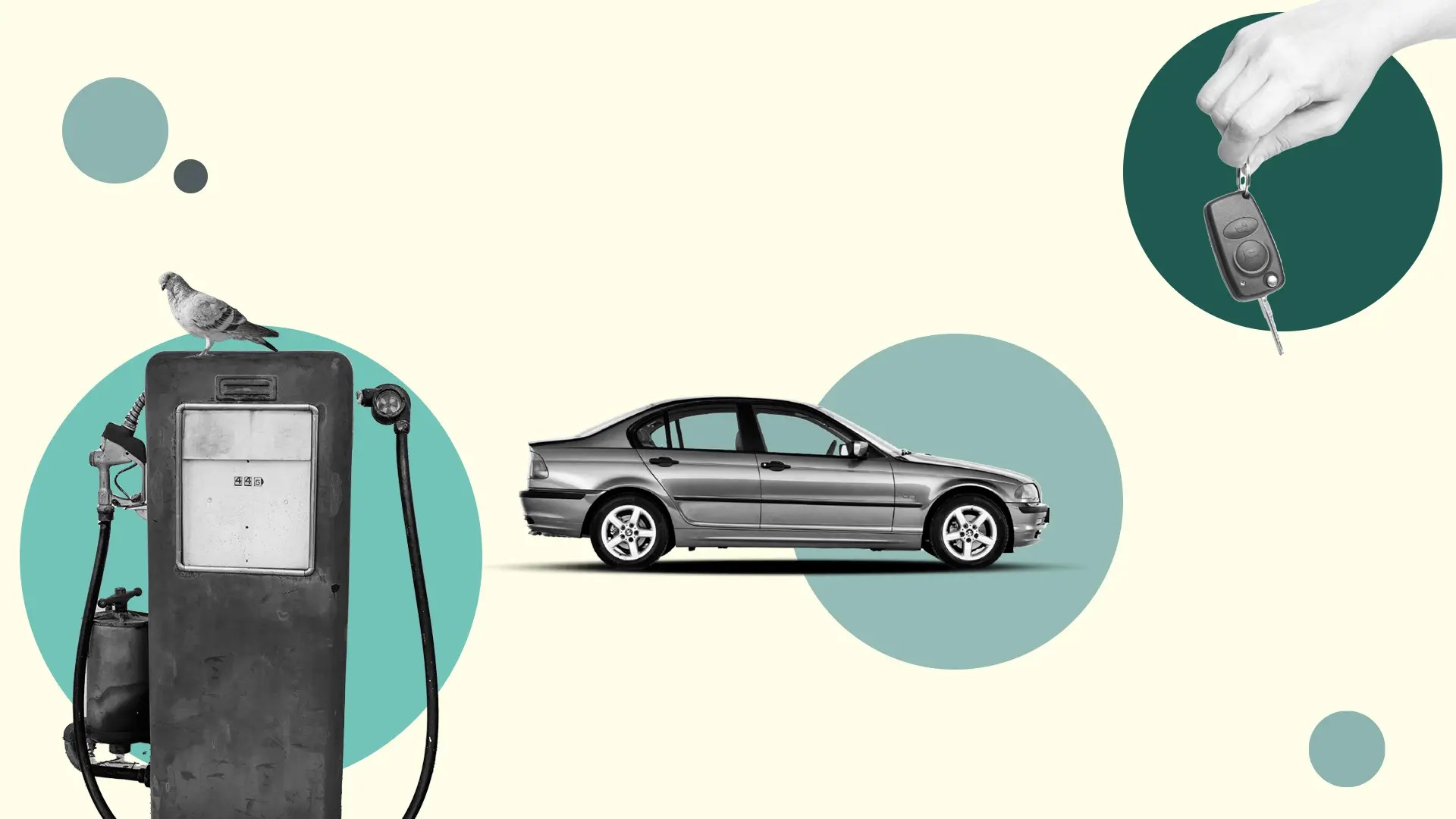Mixed graphics with an old school petrol pump on left, car in the centre and hand holding car keys on the top right.