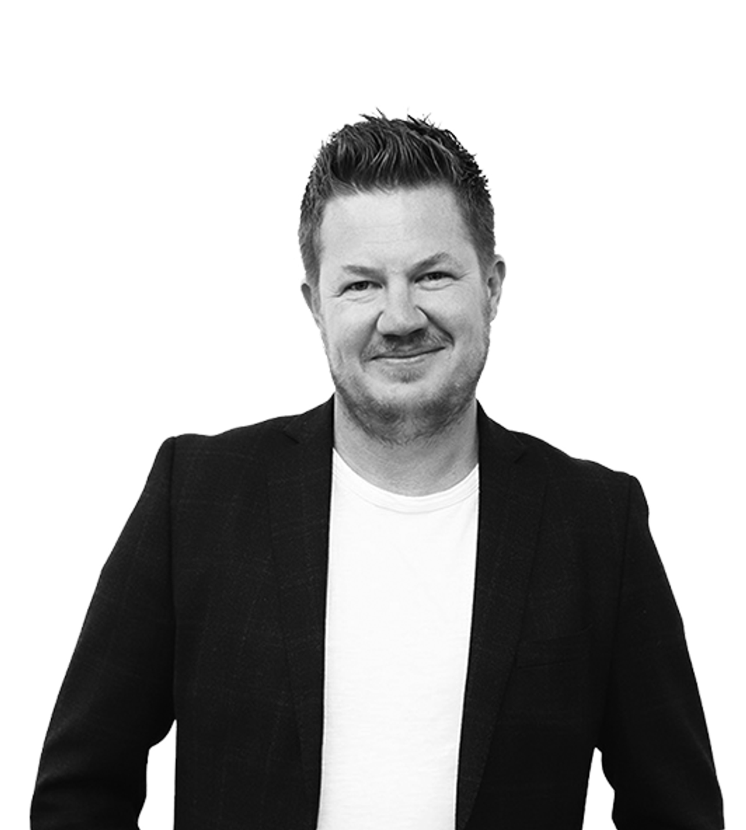 Man in formal black jacket and white t-shirt