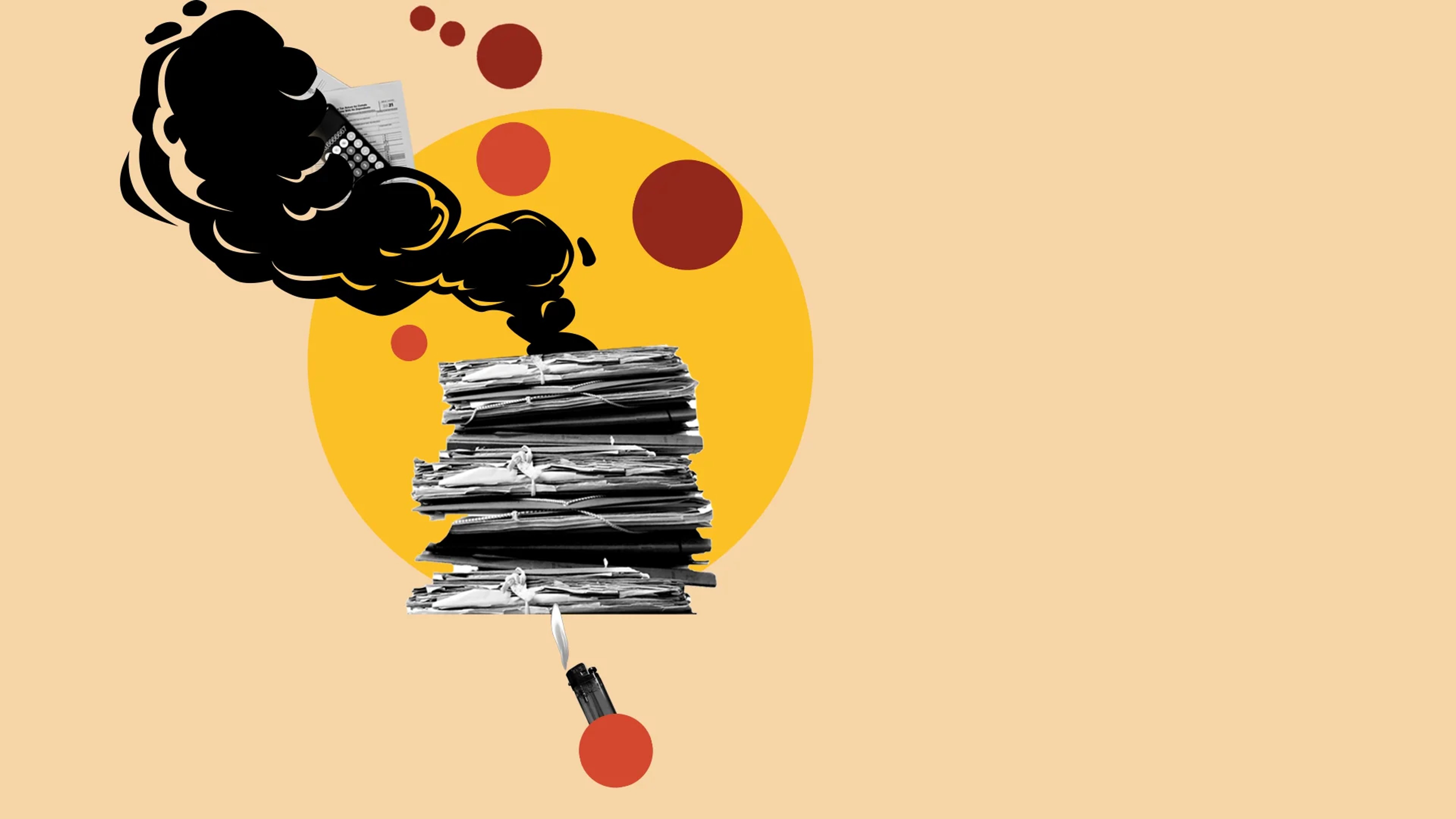 Pile of documents on fire with yellow graphics 