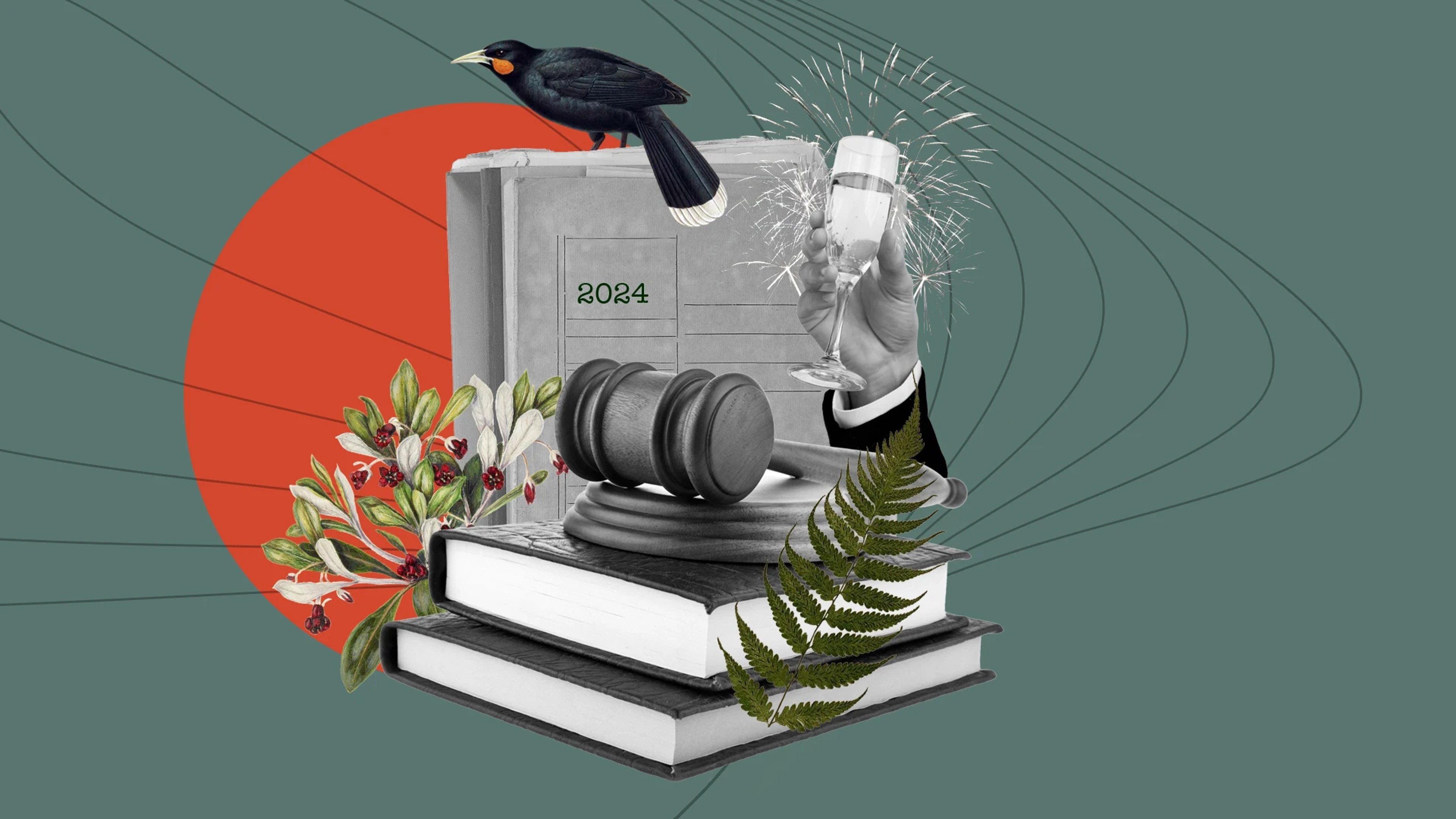 Book stack, with 2024 printed on one book cover. Glass holding champagne with fireworks surrounding. Botanics, bird and coloured graphics.