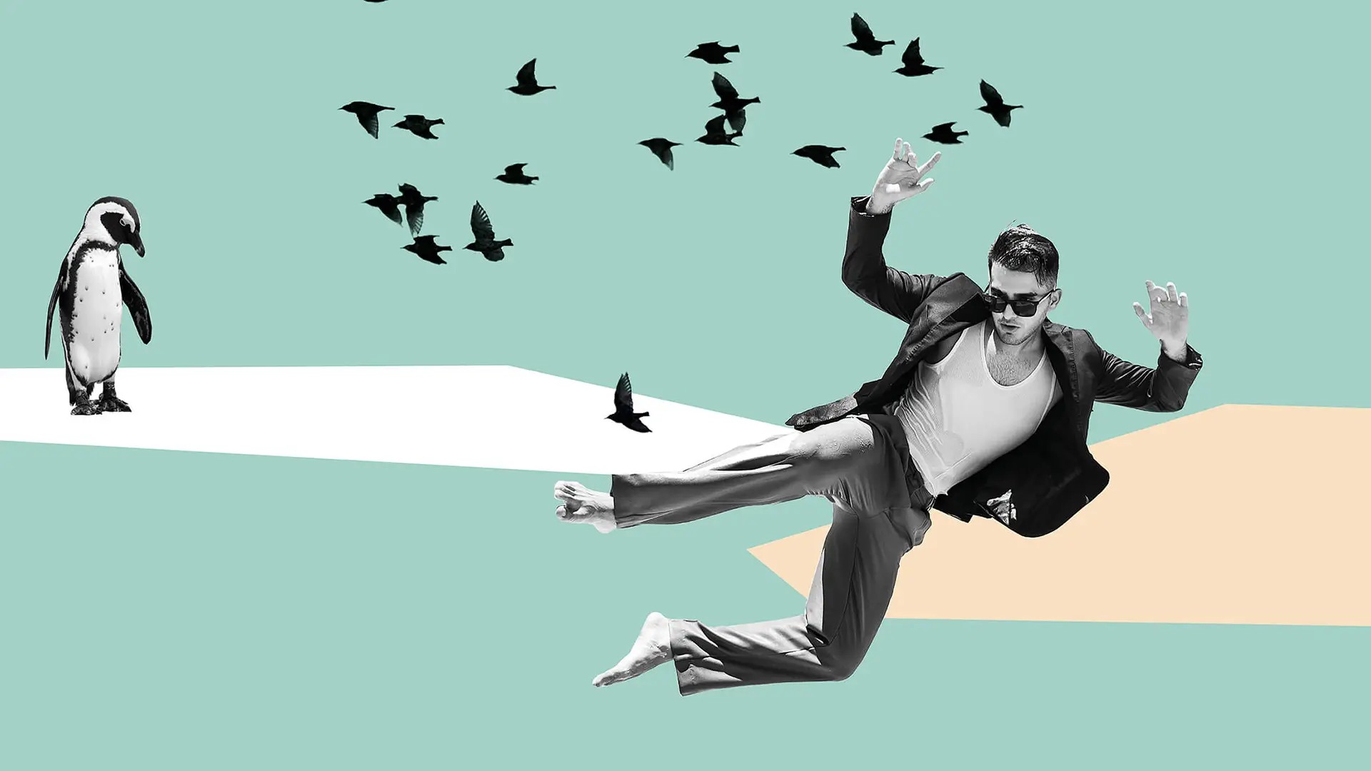 Birds flying on blue background, with a man wearing a suit jumping on the right.