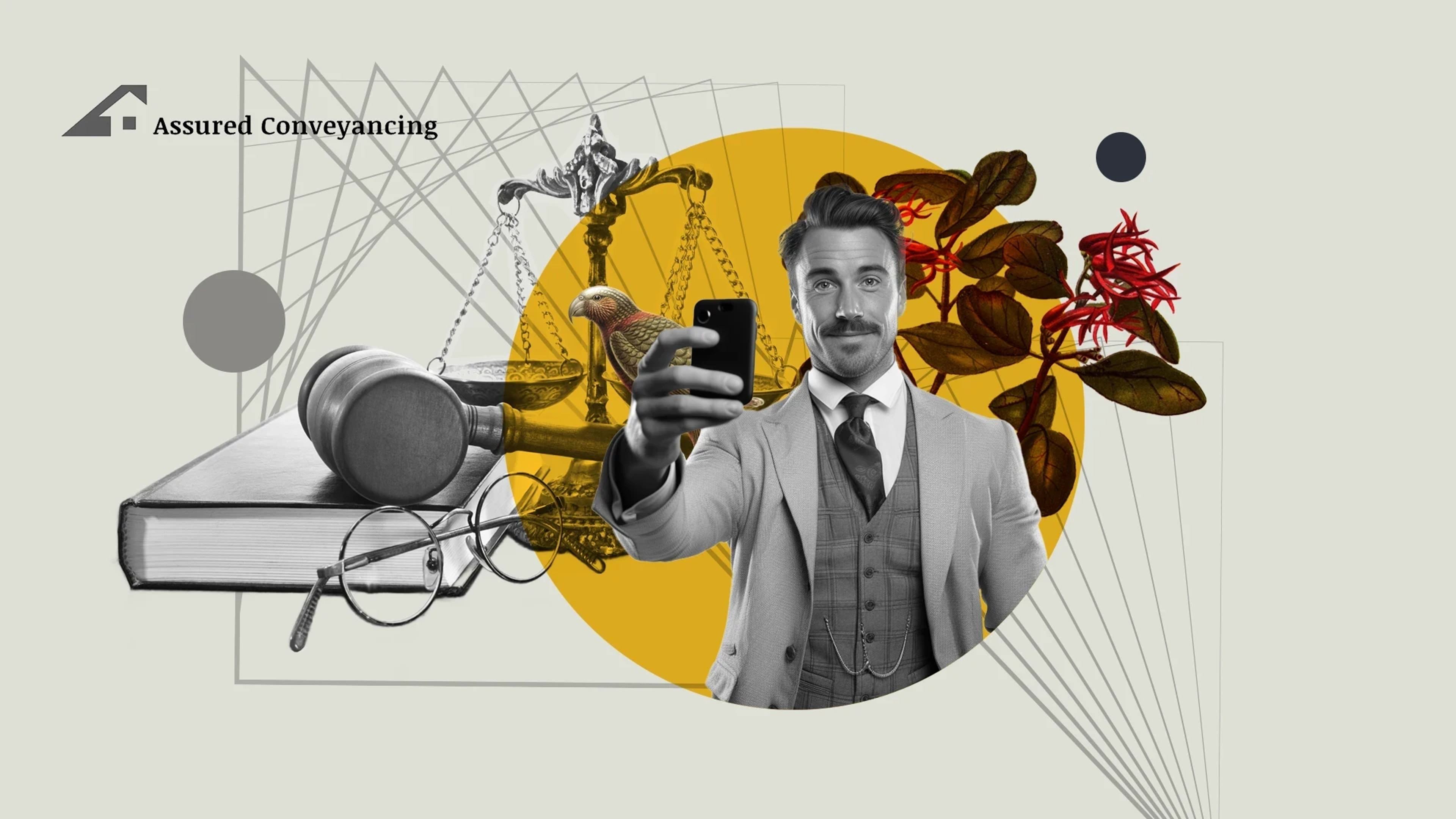 Assured Conveyancing logo in top left. APLYiD mixed branding graphics relating to legal industry. Man holding his phone in selfie position.  