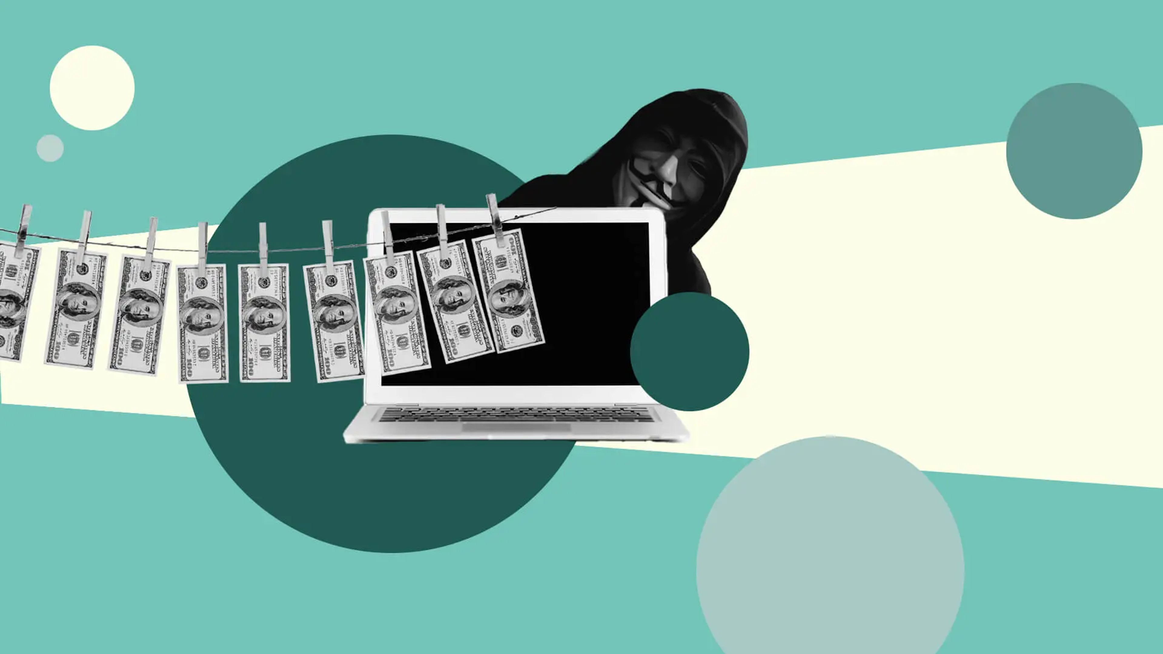 Notes of money hanging across laptop with blue graphics