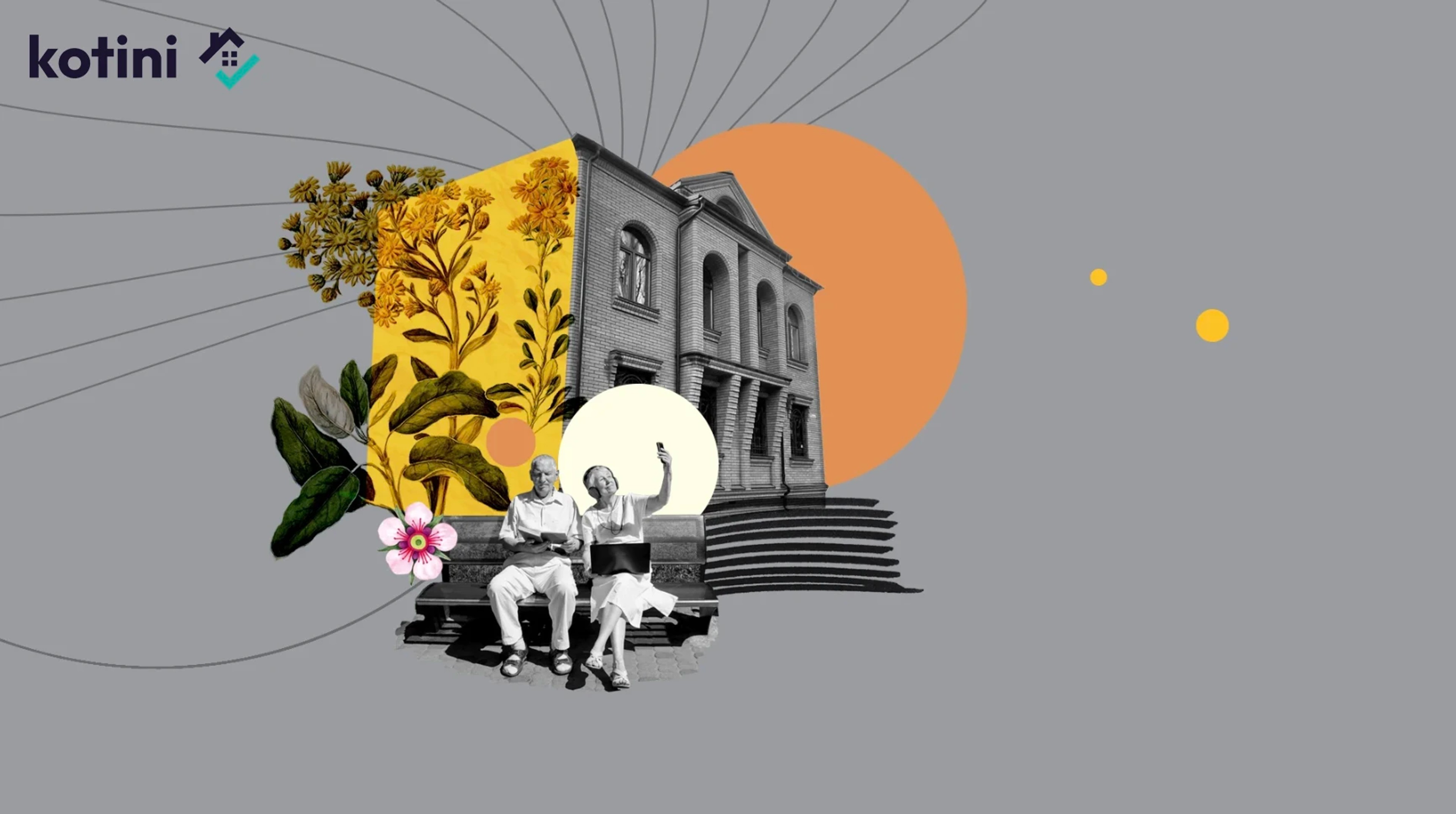 Kotini logo in top left. House with floral graphics and couple sitting on bench in front of it.