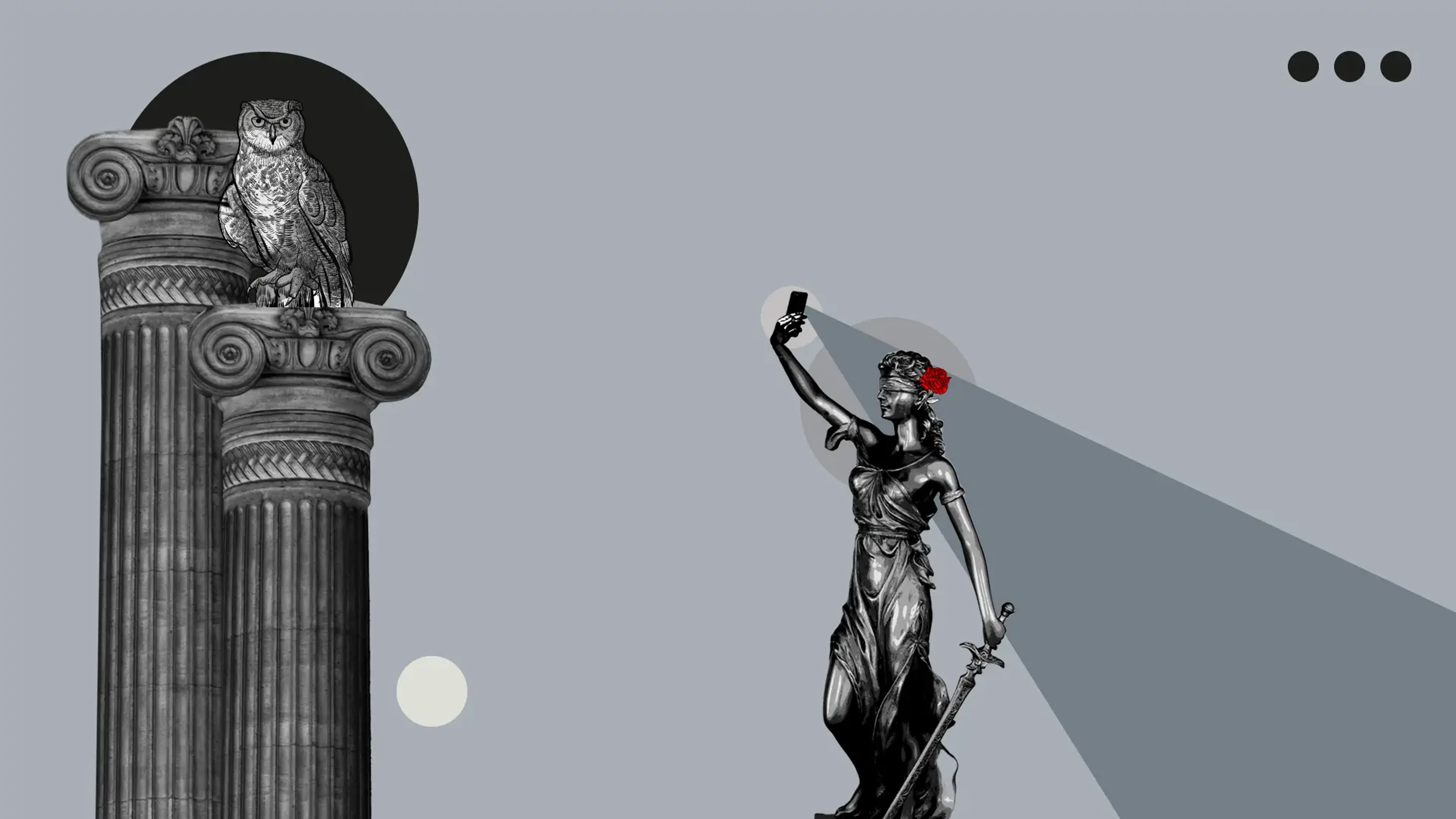 Image of statue woman, taking a selfie with a smart phone. 