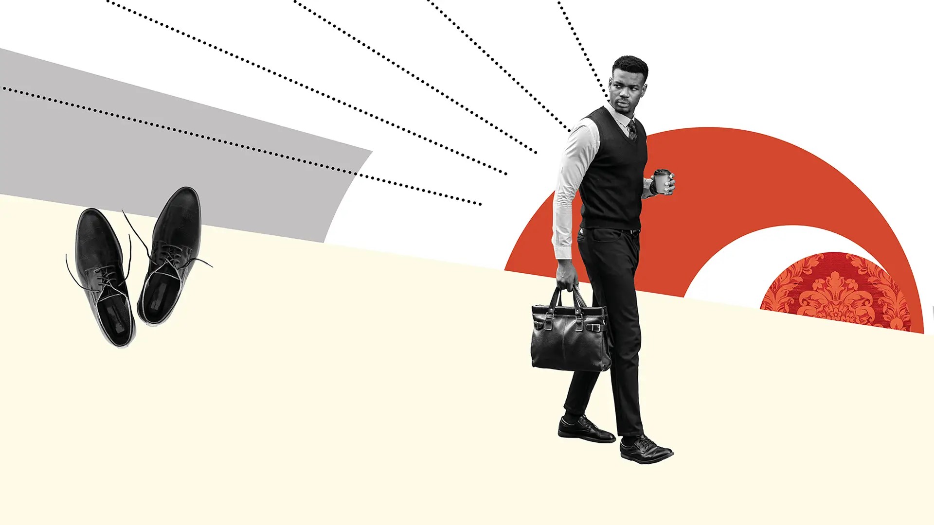 Man with briefcase looking over his shoulder, holding coffee. Various graphics surrounding.
