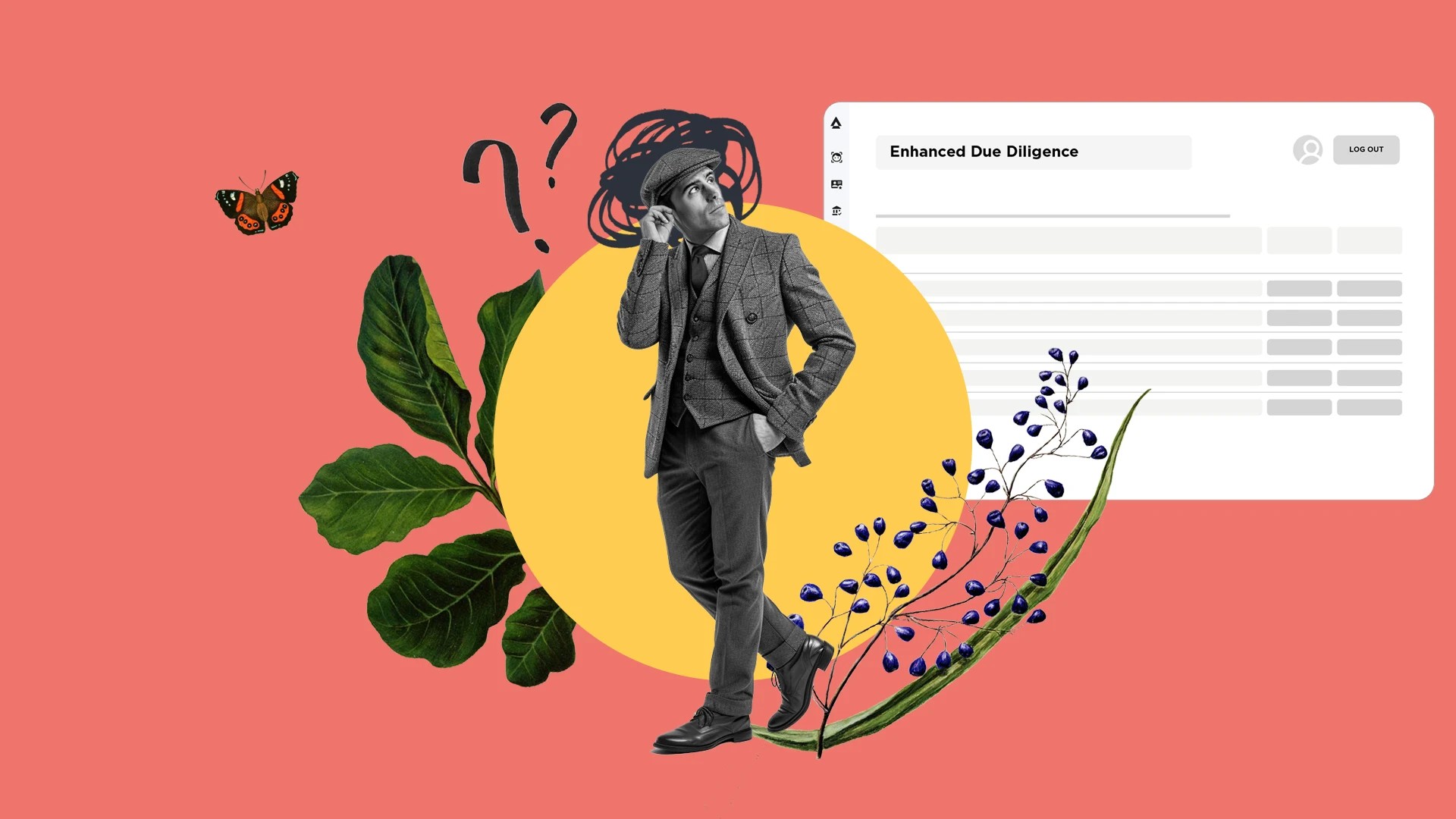 Man in suit stands thinking surrounded by botanical graphics, looking to his right where a website screen shows Enhanced Due Diligence.