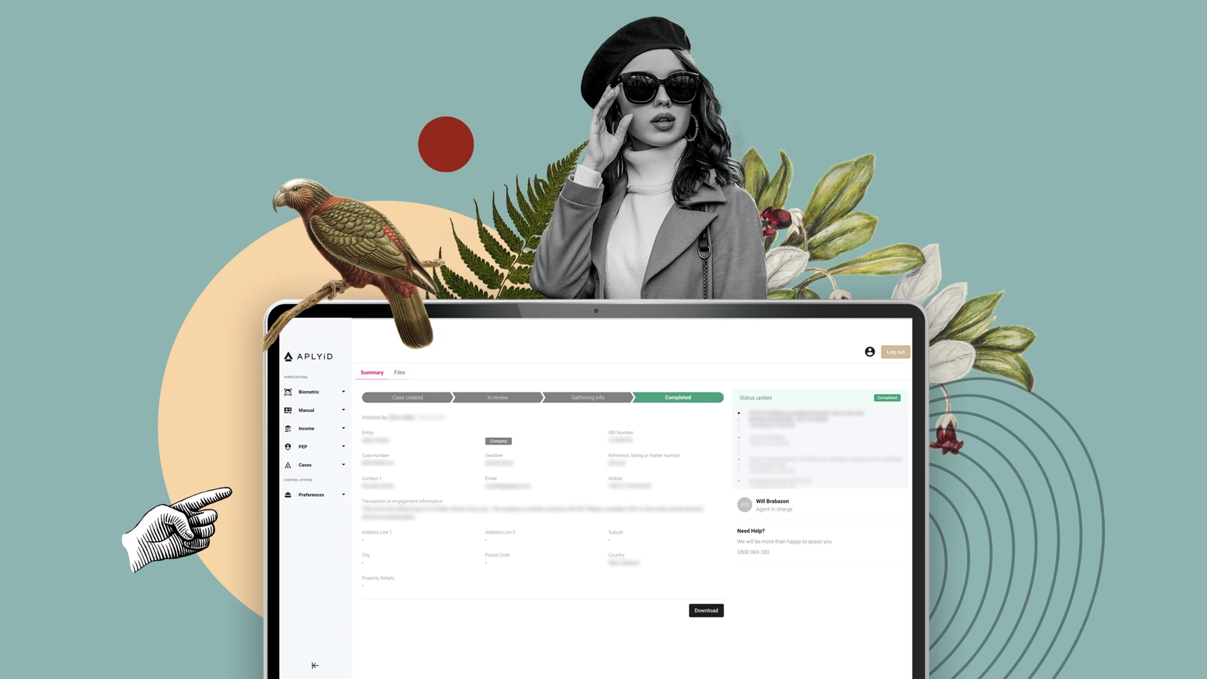 Laptop with APLYiD product, a person with florals and a bird