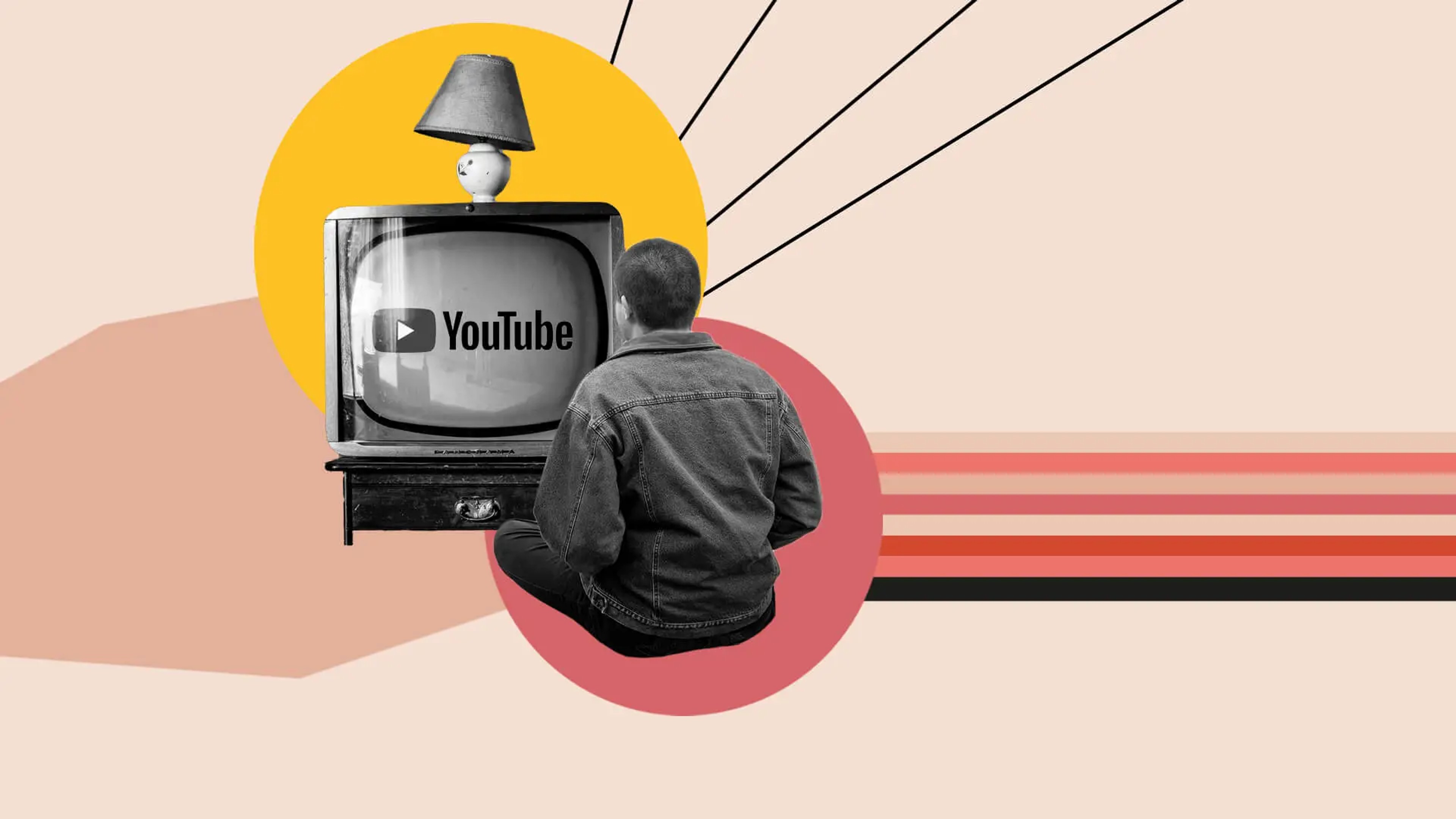 Man sitting on floor watching old school TV with YouTube on the screen.