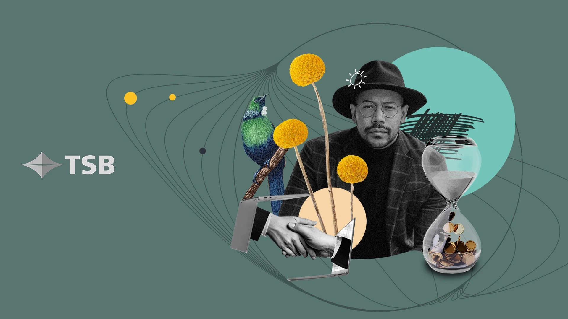 TSB logo on left. Mixed graphics with coins, florals, hands shaking and a man on the right.
