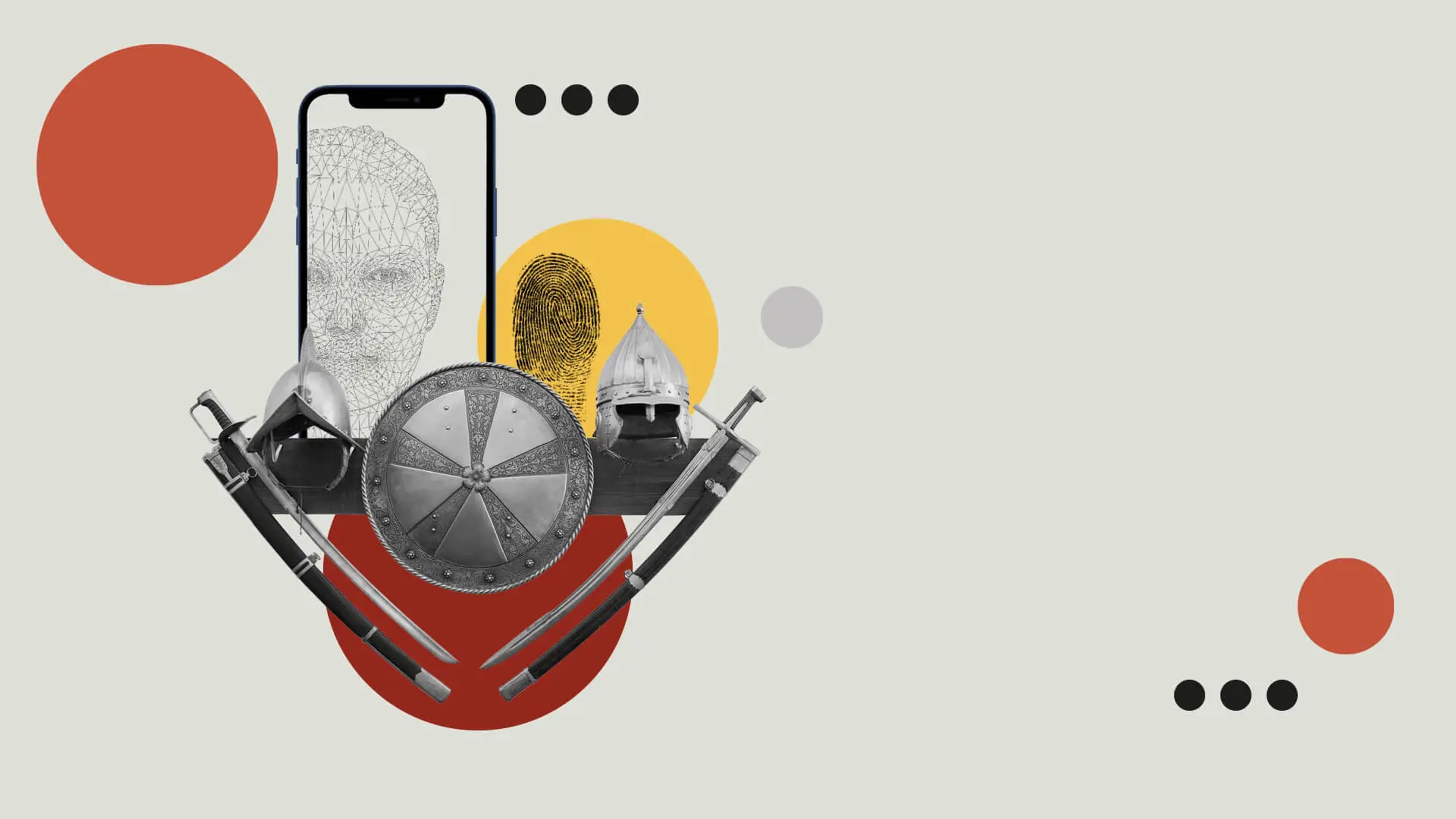 Graphic of phone screen with face on it. Overlapped with shield and armour. 