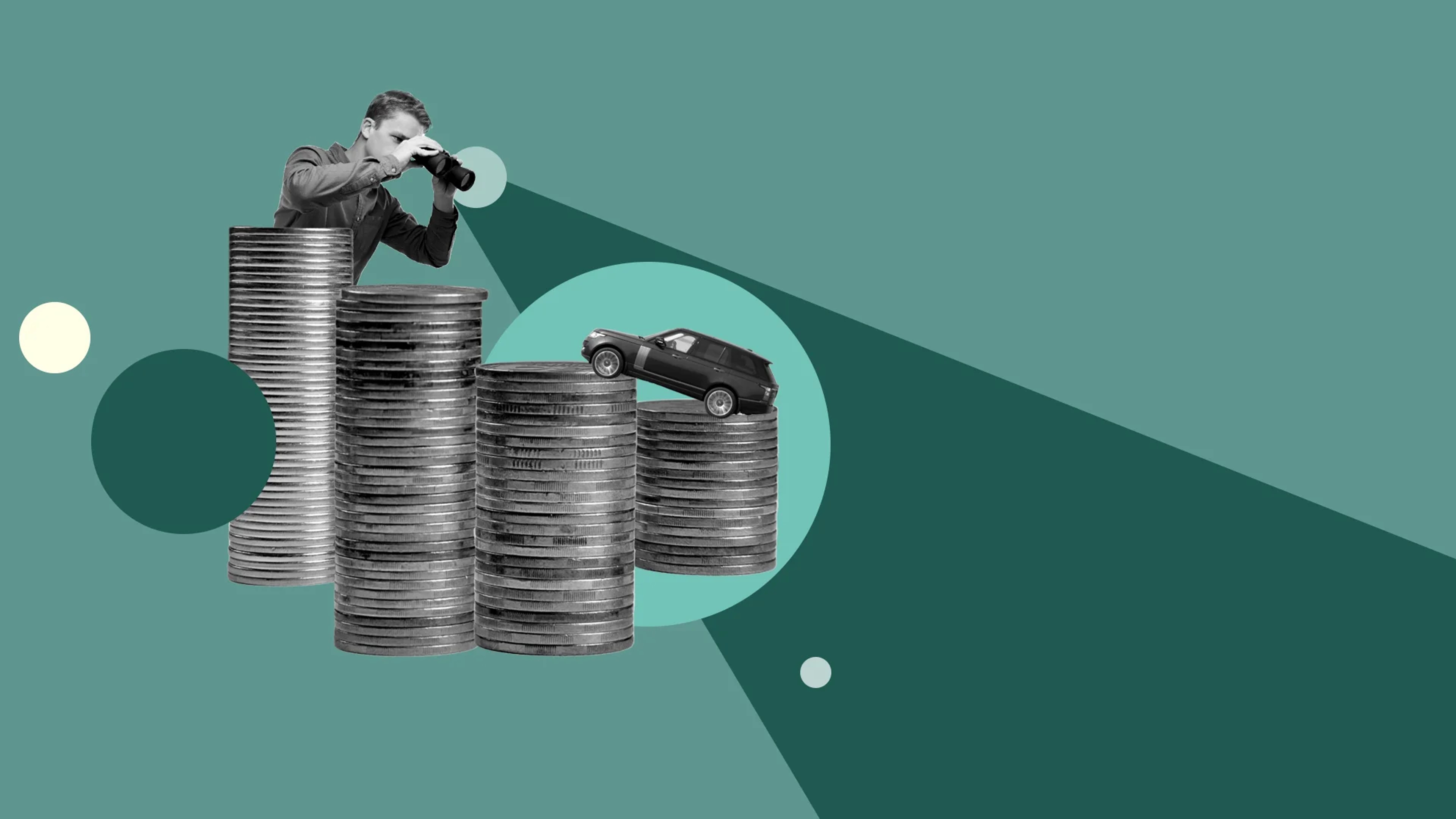 Stacked coins with a car driving upwards, on top. With a person holding binoculars looking at the car. 