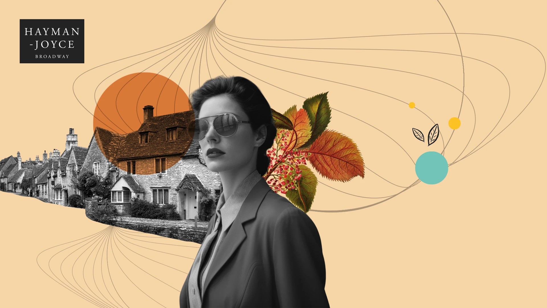Hayman - Joyce Broadway logo in top left. Residential properties in black and white with woman standing in centre, surrounded by some coloured floral graphics.