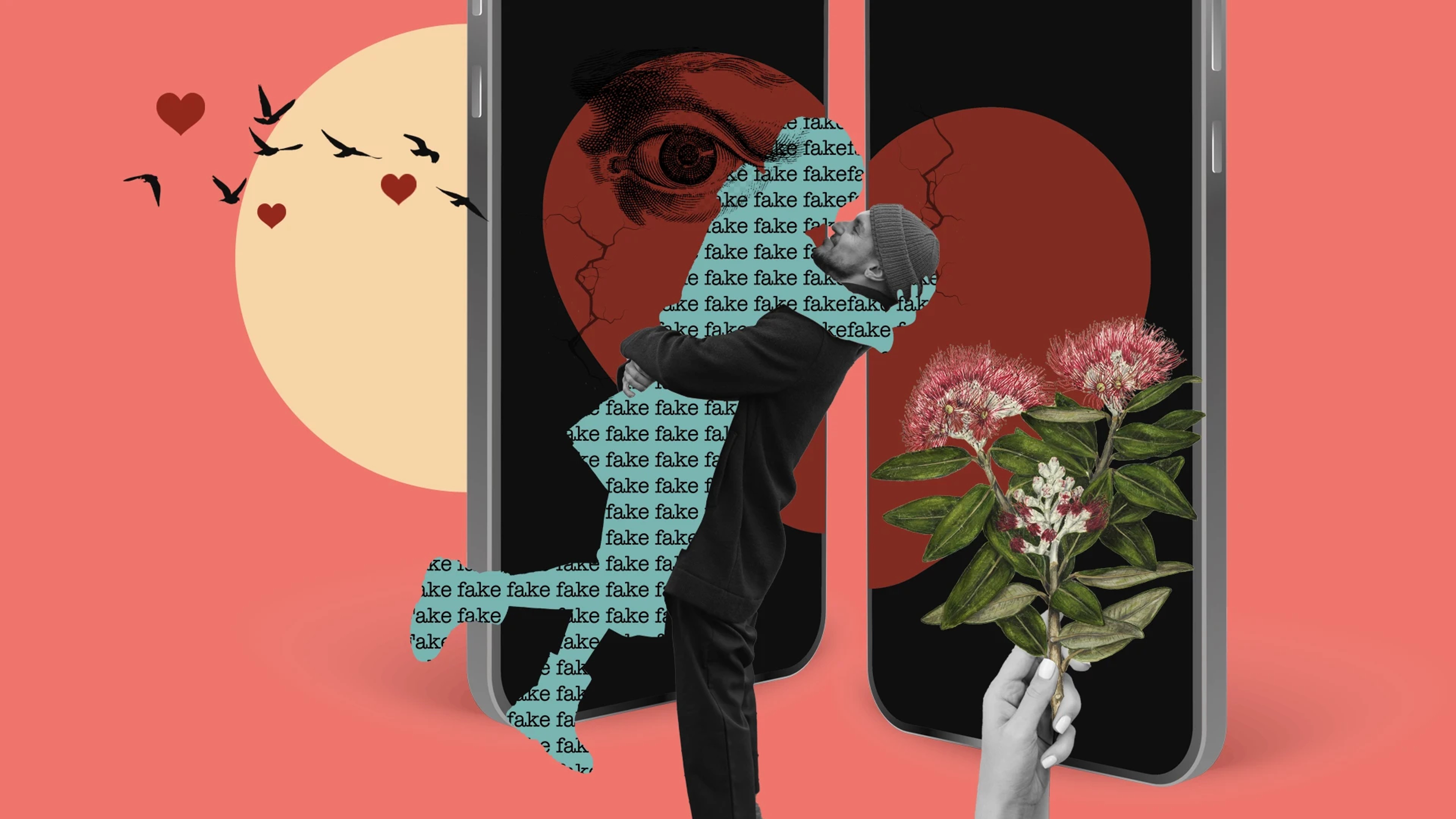Man hugging persons outline, with word 'fake' filling their body. Red graphics of hearts & florals. 