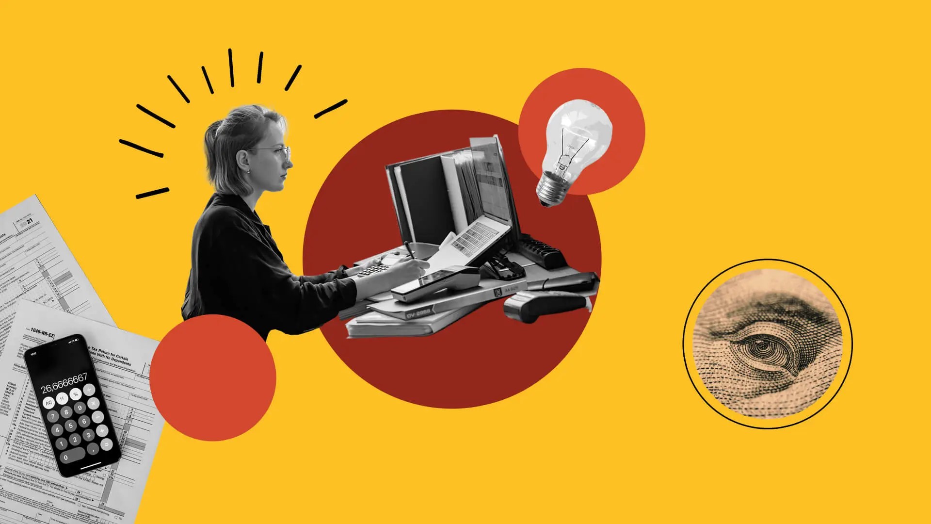 Calculator sitting on top of documents. Woman typing on computer. Graphics of lightbulb.