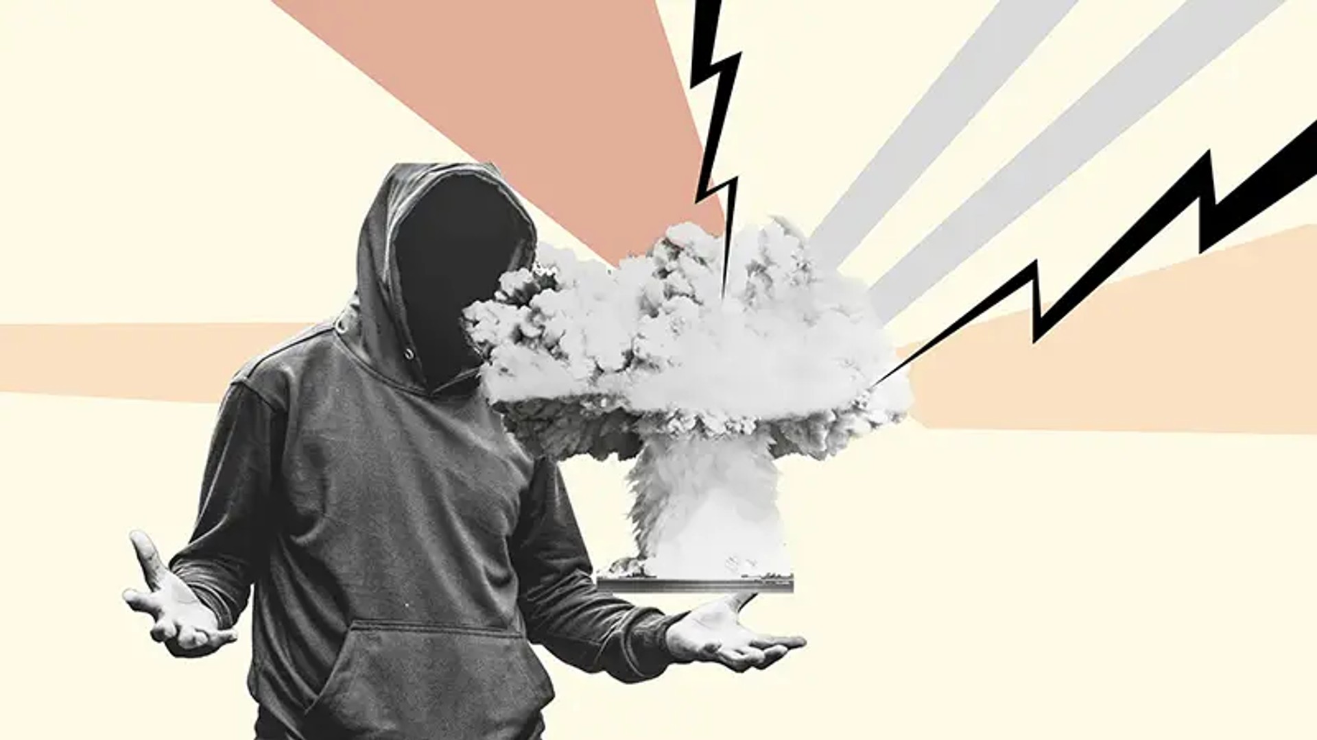 Person in hoodie with no face, holding their hands up in frustration. Explosion graphics surrounding.